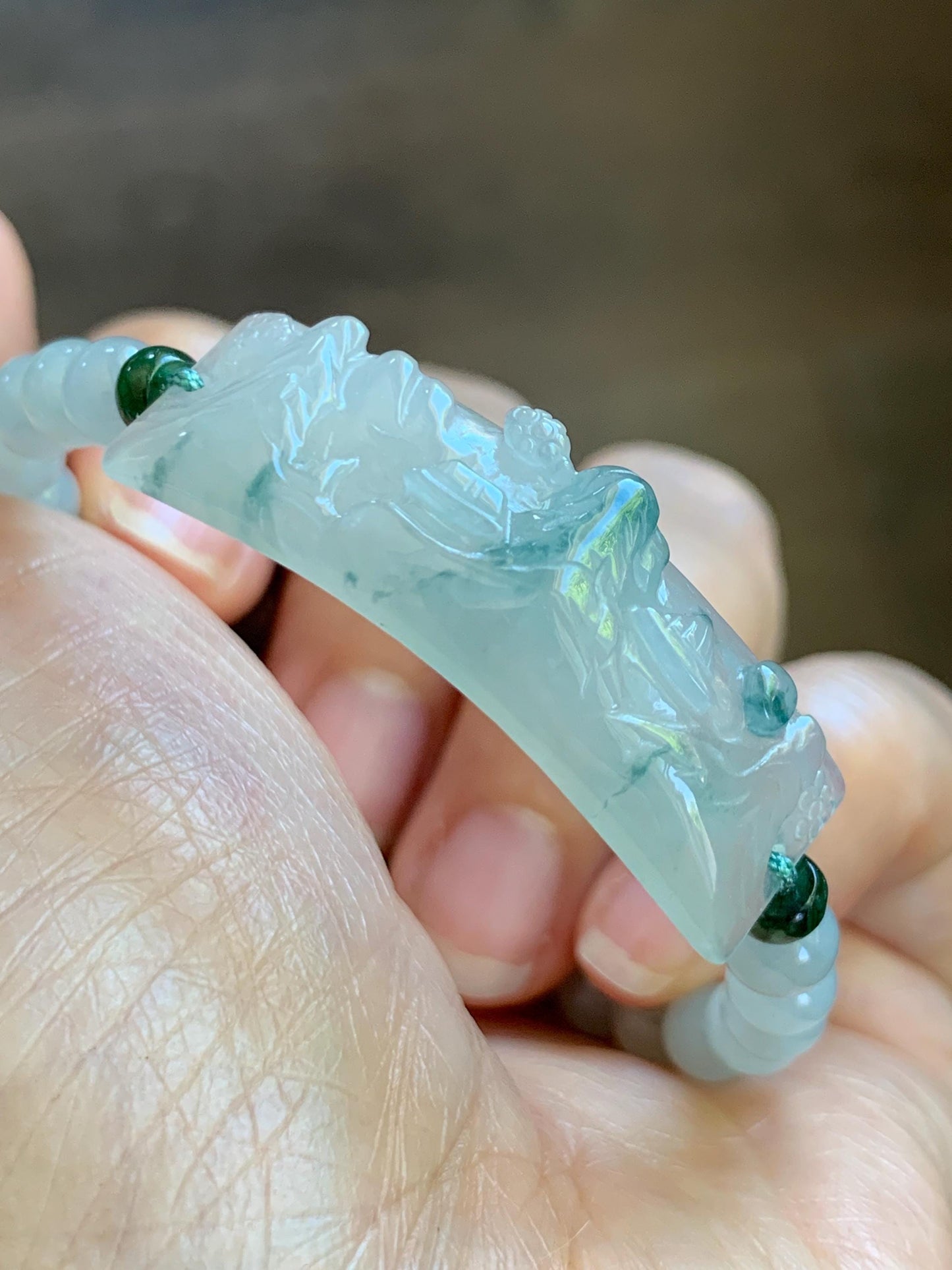 Certified Natural Grade A Icy Translucent Teal Green Marbled Jade Jadeite Carved Shan Shui Cuff Beaded Bracelet 6.75” 13g 天然冰胶飘花翡翠山水牌手绳 1155