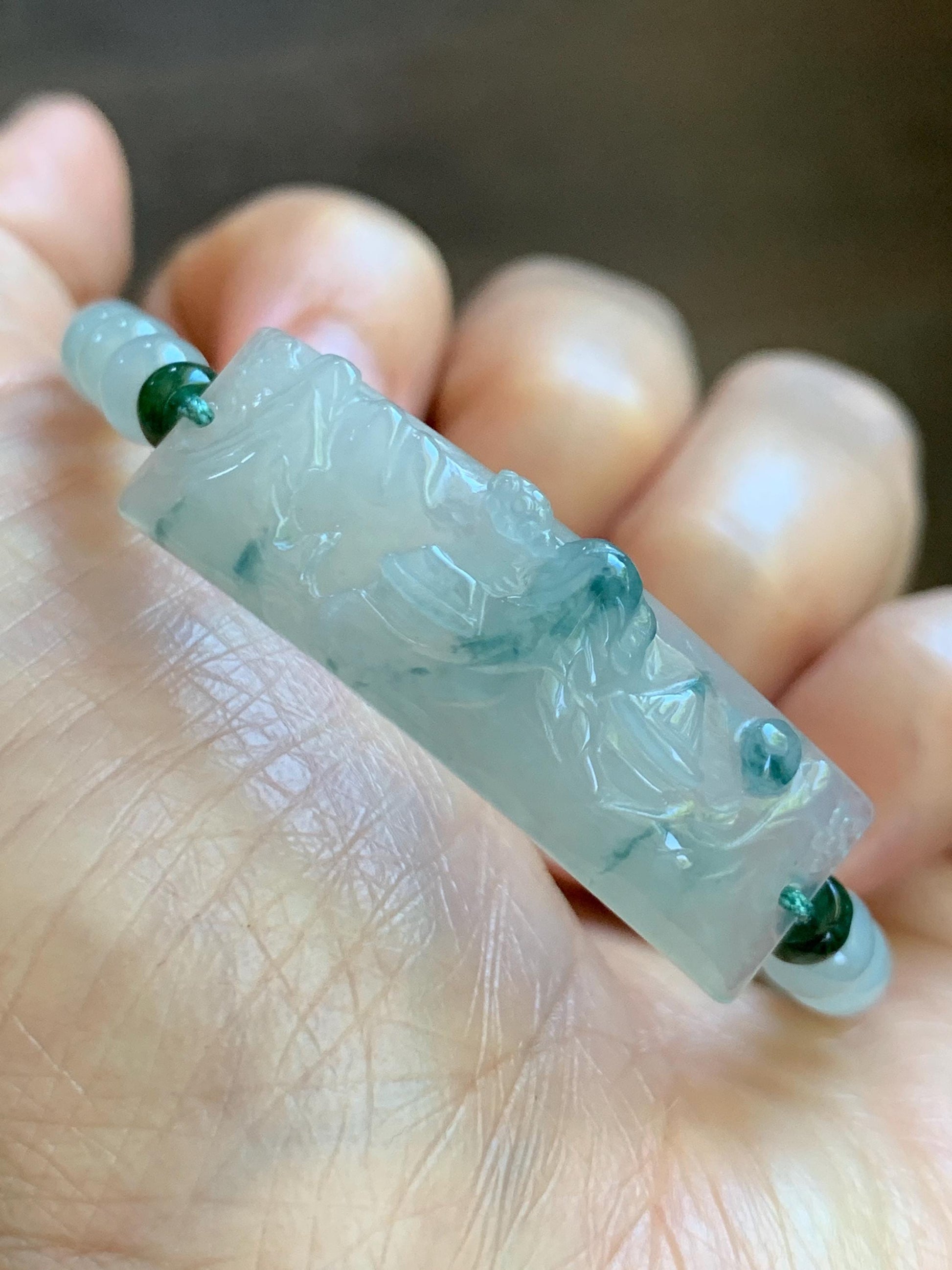 Certified Natural Grade A Icy Translucent Teal Green Marbled Jade Jadeite Carved Shan Shui Cuff Beaded Bracelet 6.75” 13g 天然冰胶飘花翡翠山水牌手绳 1155