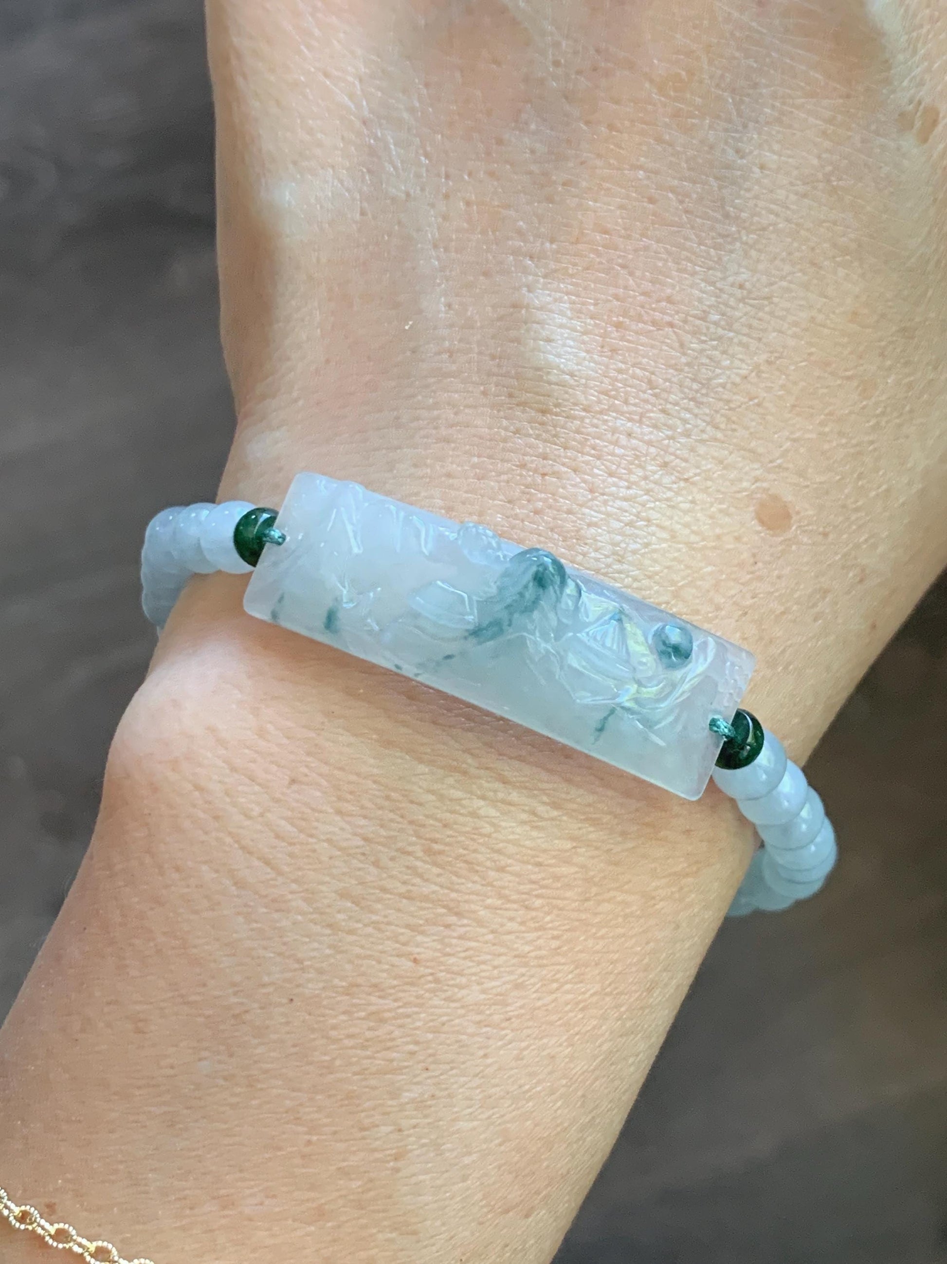 Certified Natural Grade A Icy Translucent Teal Green Marbled Jade Jadeite Carved Shan Shui Cuff Beaded Bracelet 6.75” 13g 天然冰胶飘花翡翠山水牌手绳 1155