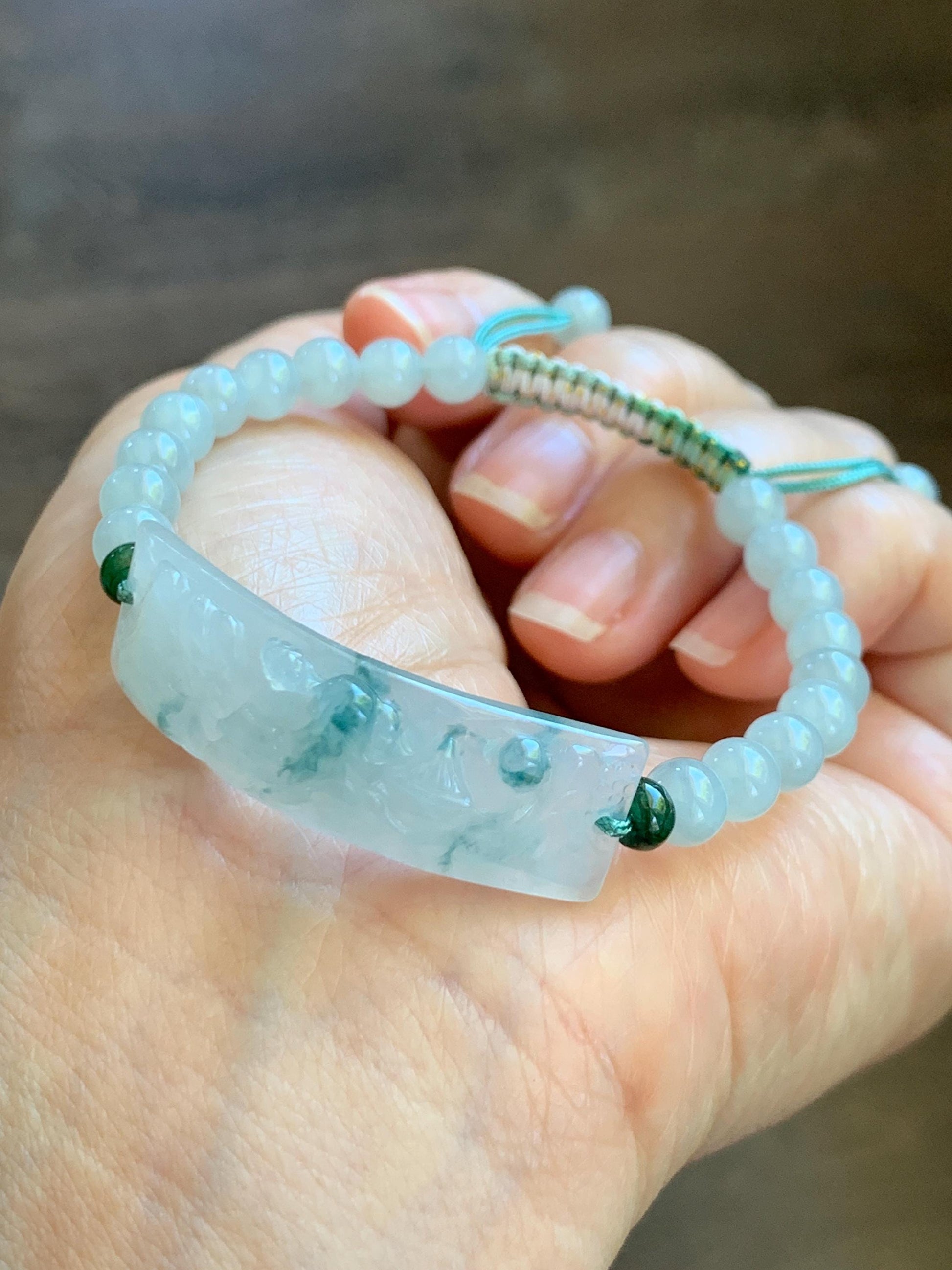 Certified Natural Grade A Icy Translucent Teal Green Marbled Jade Jadeite Carved Shan Shui Cuff Beaded Bracelet 6.75” 13g 天然冰胶飘花翡翠山水牌手绳 1155