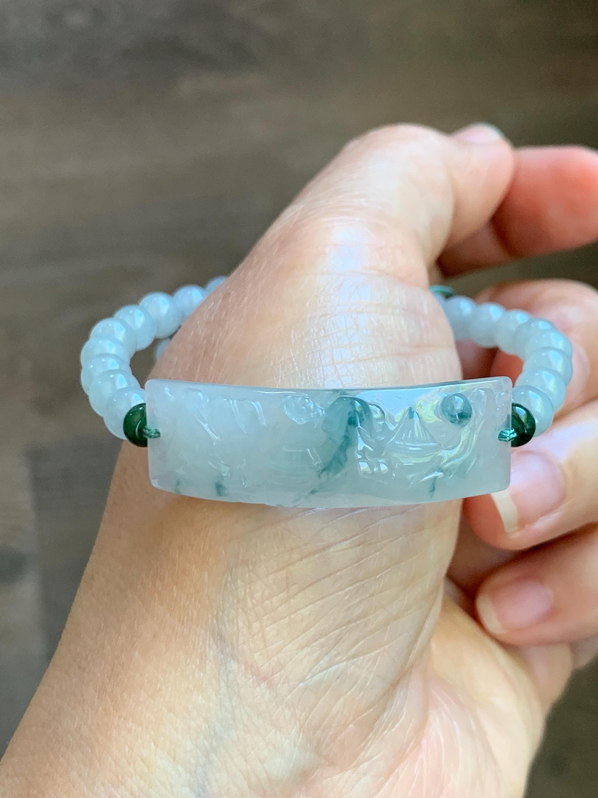 Certified Natural Grade A Icy Translucent Teal Green Marbled Jade Jadeite Carved Shan Shui Cuff Beaded Bracelet 6.75” 13g 天然冰胶飘花翡翠山水牌手绳 1155