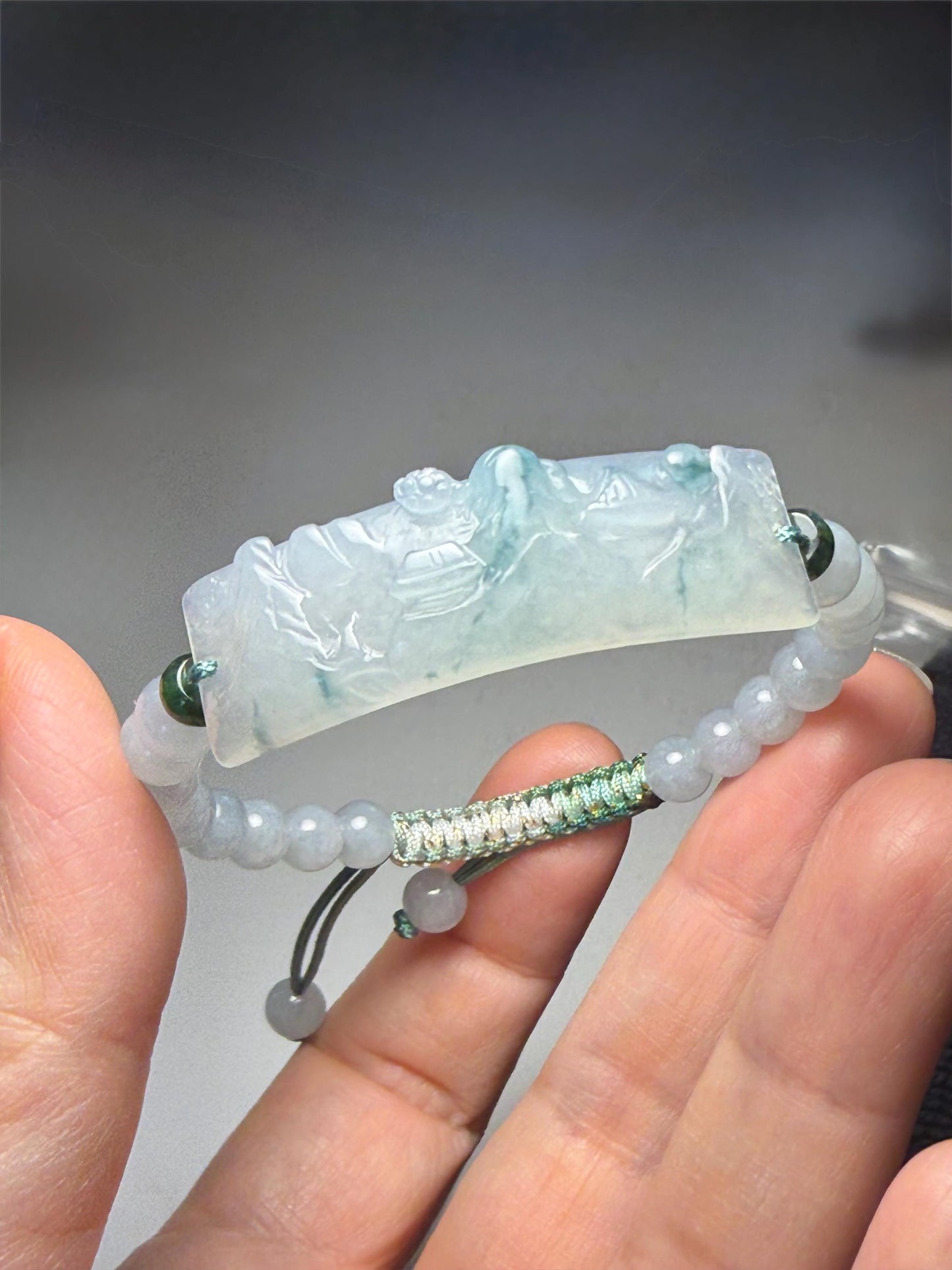 Certified Natural Grade A Icy Translucent Teal Green Marbled Jade Jadeite Carved Shan Shui Cuff Beaded Bracelet 6.75” 13g 天然冰胶飘花翡翠山水牌手绳 1155
