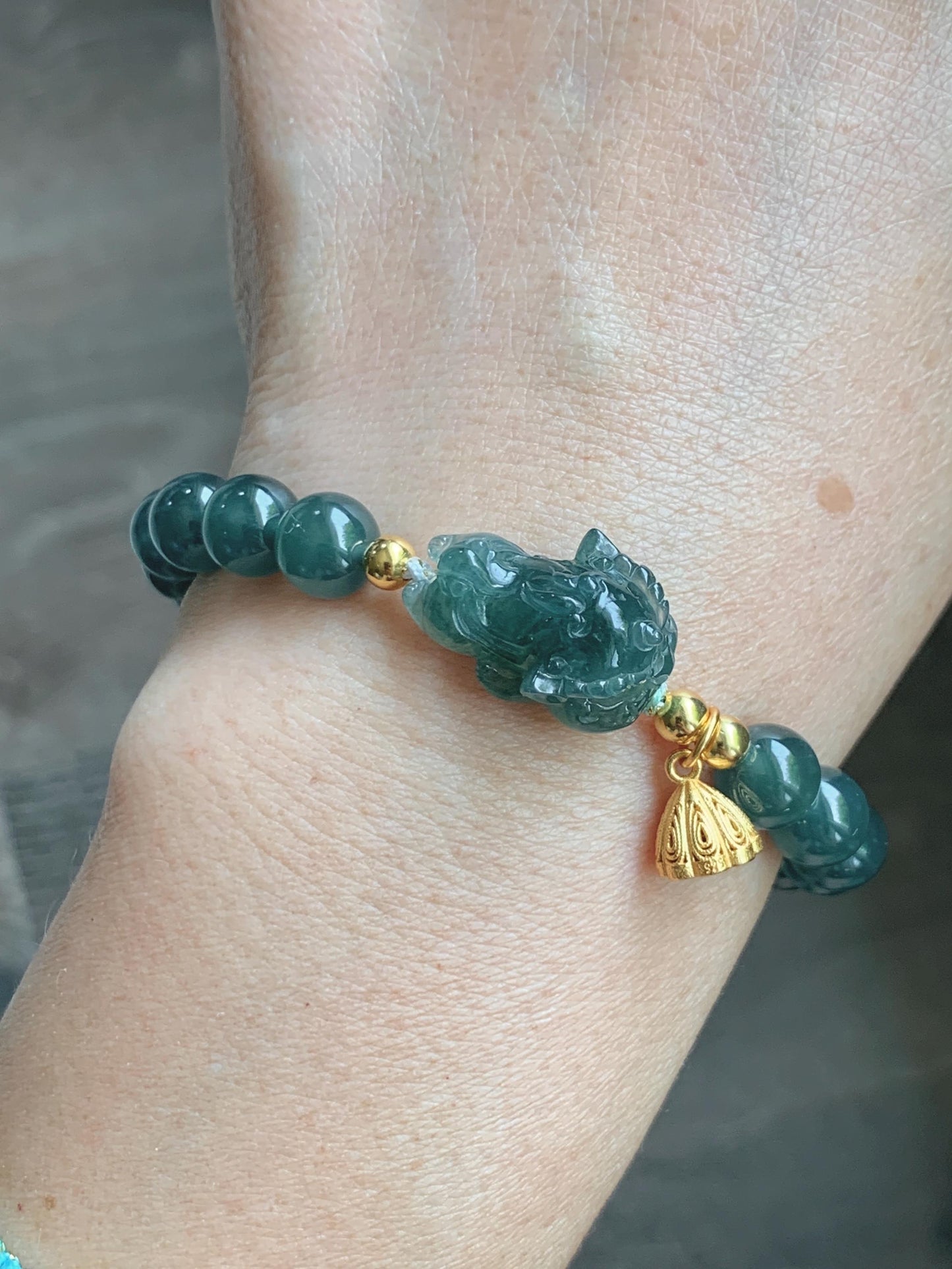Natural Grade A Guatemalan Icy Translucent Dark Teal Green Jade Jadeite Dancing Lion Beaded Bracelet 7” Sterling Silver 天然冰危蓝绿翡翠摆烂醒狮手串WXS350
