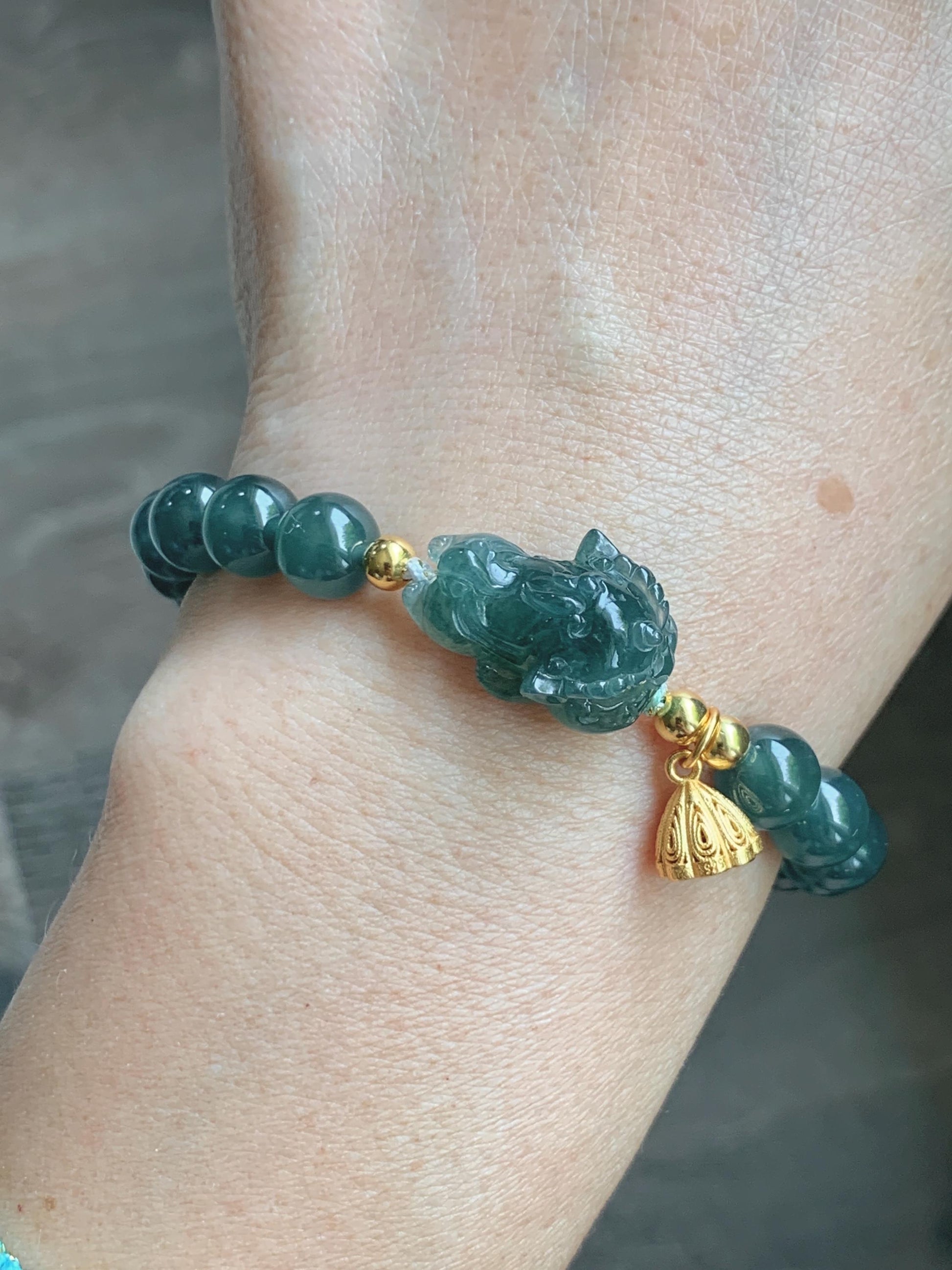 Natural Grade A Guatemalan Icy Translucent Dark Teal Green Jade Jadeite Dancing Lion Beaded Bracelet 7” Sterling Silver 天然冰危蓝绿翡翠摆烂醒狮手串WXS350