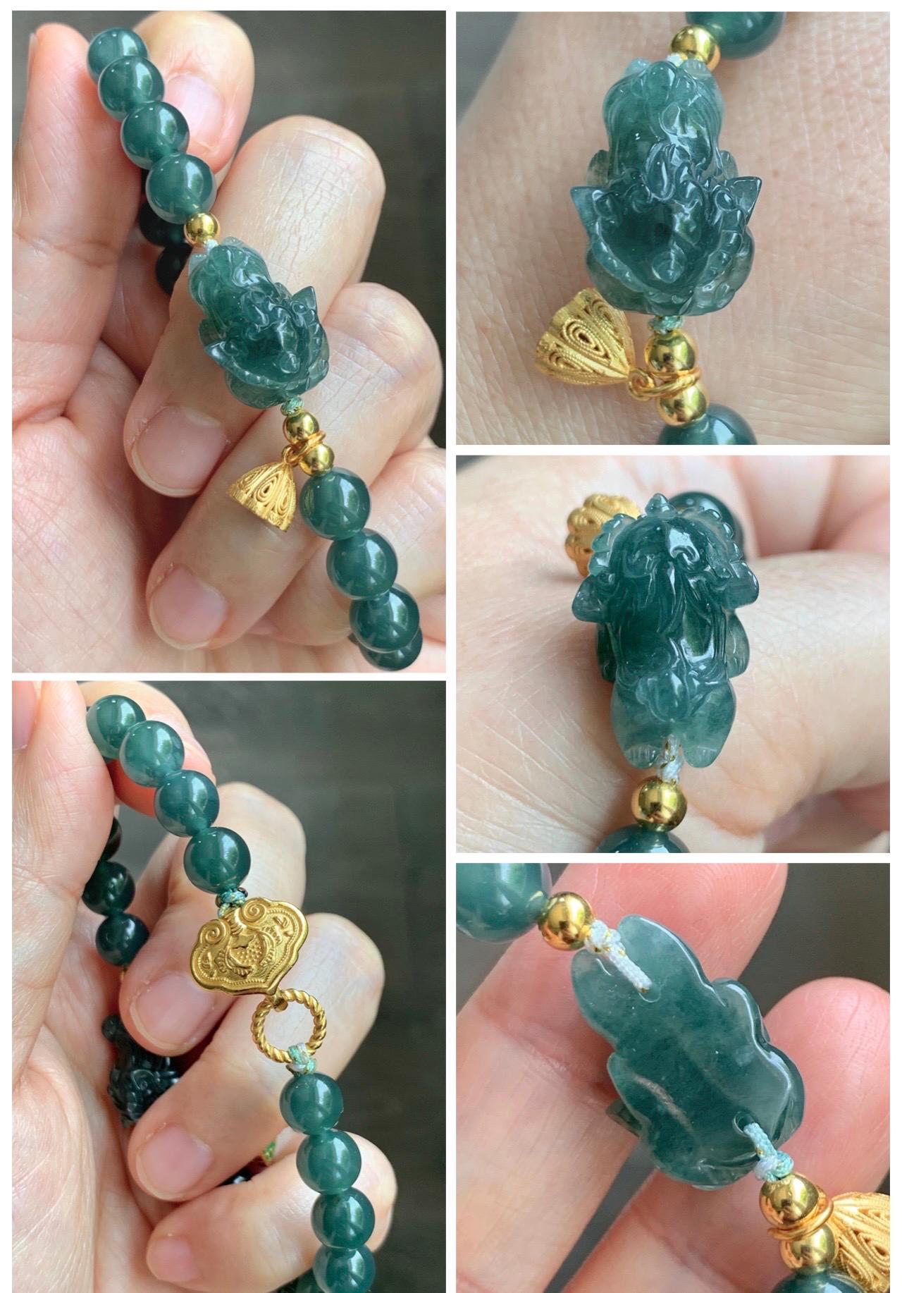 Natural Grade A Guatemalan Icy Translucent Dark Teal Green Jade Jadeite Dancing Lion Beaded Bracelet 7” Sterling Silver 天然冰危蓝绿翡翠摆烂醒狮手串WXS350