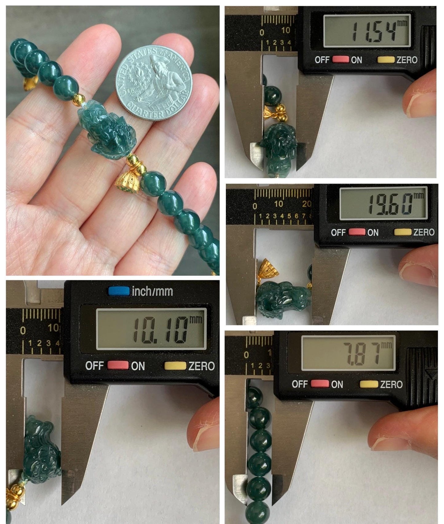 Natural Grade A Guatemalan Icy Translucent Dark Teal Green Jade Jadeite Dancing Lion Beaded Bracelet 7” Sterling Silver 天然冰危蓝绿翡翠摆烂醒狮手串WXS350