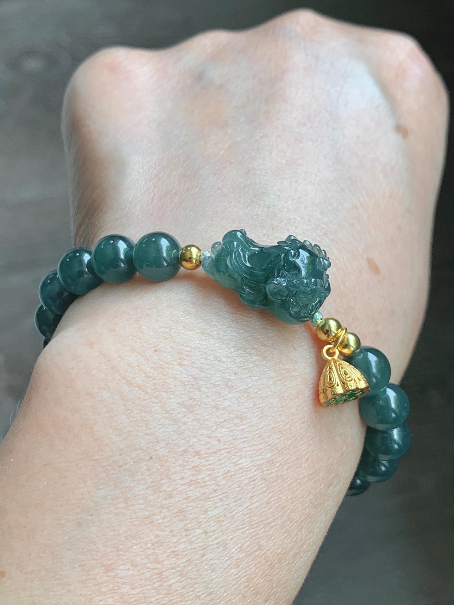 Natural Grade A Guatemalan Icy Translucent Dark Teal Green Jade Jadeite Dancing Lion Beaded Bracelet 7” Sterling Silver 天然冰危蓝绿翡翠摆烂醒狮手串WXS350