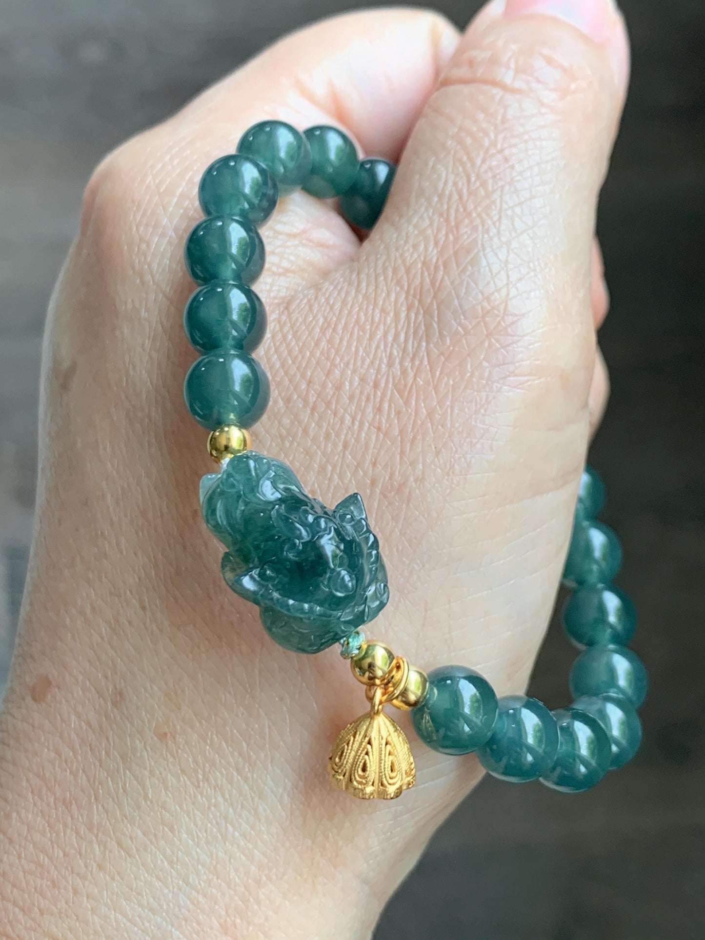 Natural Grade A Guatemalan Icy Translucent Dark Teal Green Jade Jadeite Dancing Lion Beaded Bracelet 7” Sterling Silver 天然冰危蓝绿翡翠摆烂醒狮手串WXS350