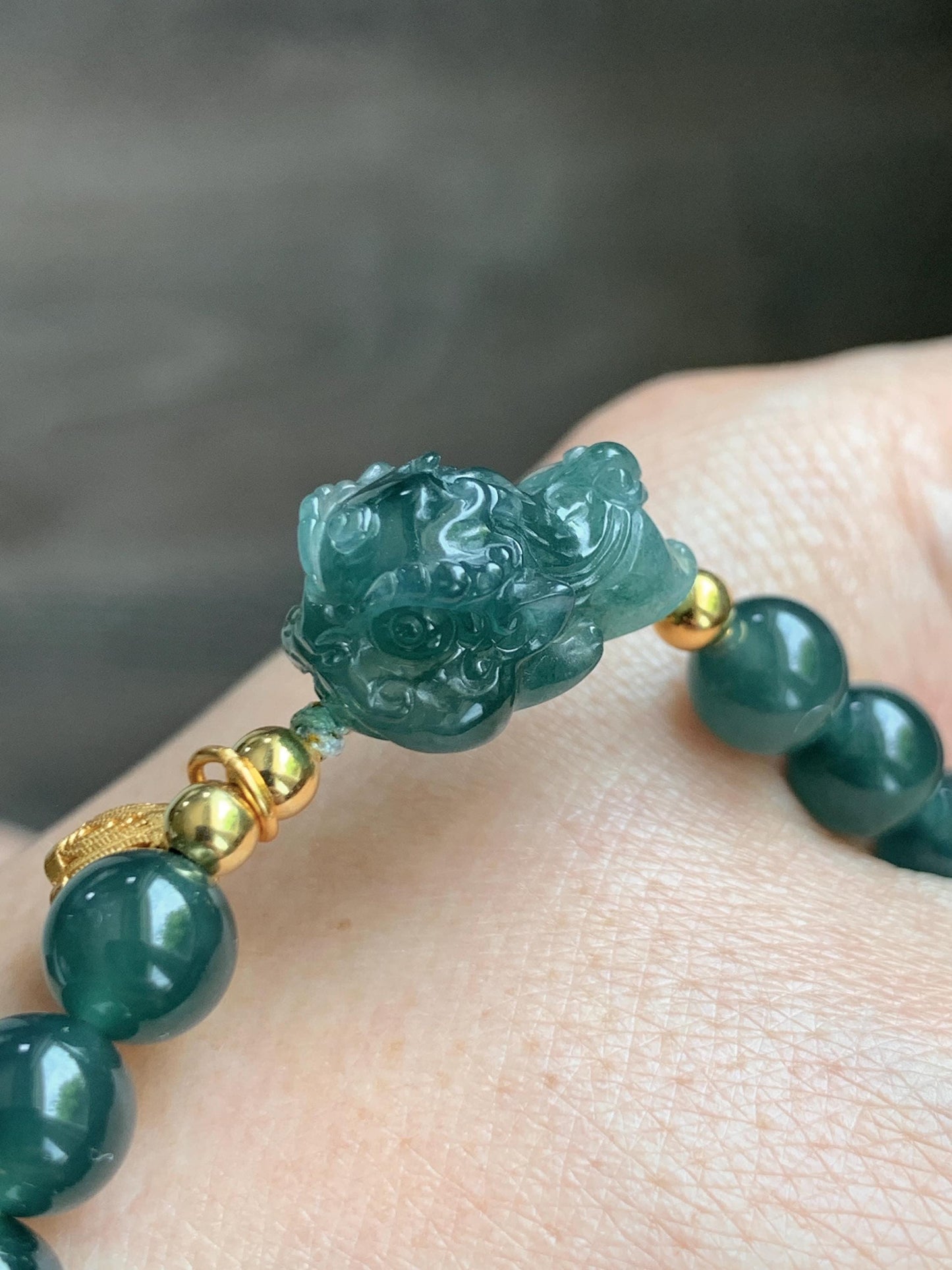 Natural Grade A Guatemalan Icy Translucent Dark Teal Green Jade Jadeite Dancing Lion Beaded Bracelet 7” Sterling Silver 天然冰危蓝绿翡翠摆烂醒狮手串WXS350