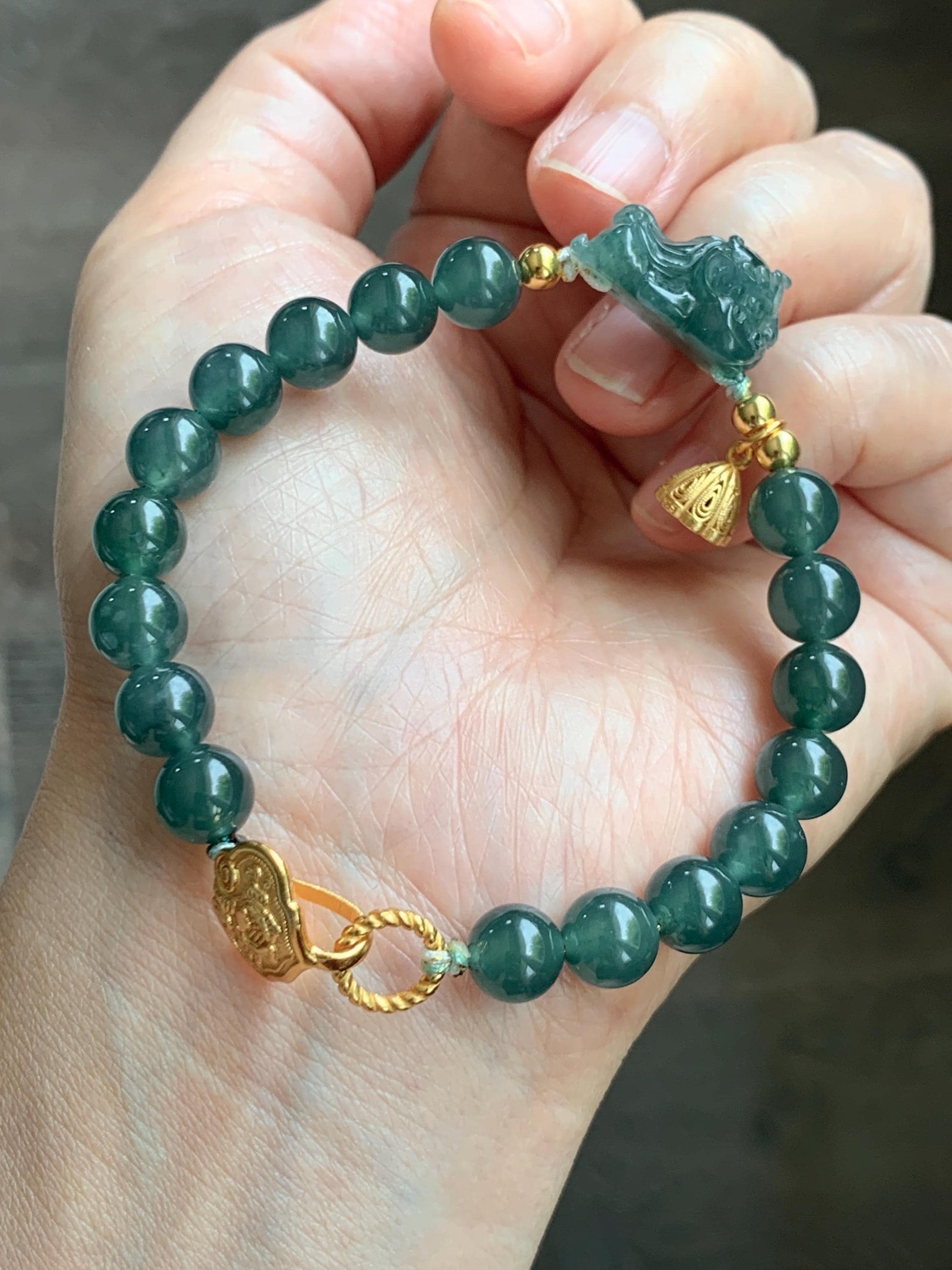 Natural Grade A Guatemalan Icy Translucent Dark Teal Green Jade Jadeite Dancing Lion Beaded Bracelet 7” Sterling Silver 天然冰危蓝绿翡翠摆烂醒狮手串WXS350