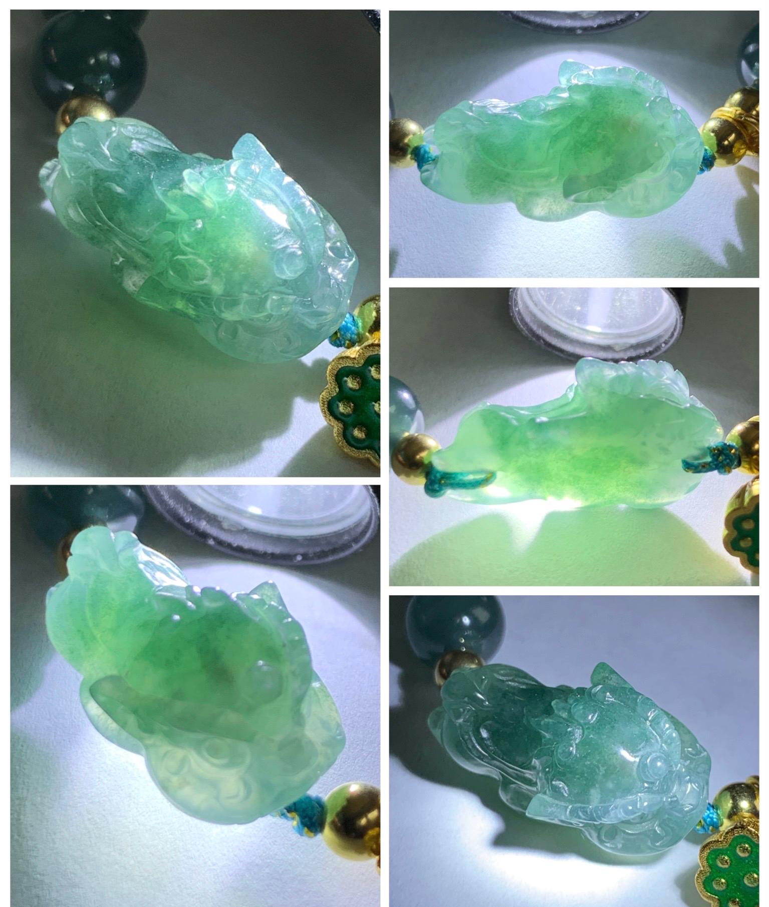 Natural Grade A Guatemalan Icy Translucent Teal Blue Jade Jadeite Dancing Lion Beaded Bracelet 6.5” Sterling Silver 天然冰危蓝绿翡翠摆烂醒狮手串WXX350