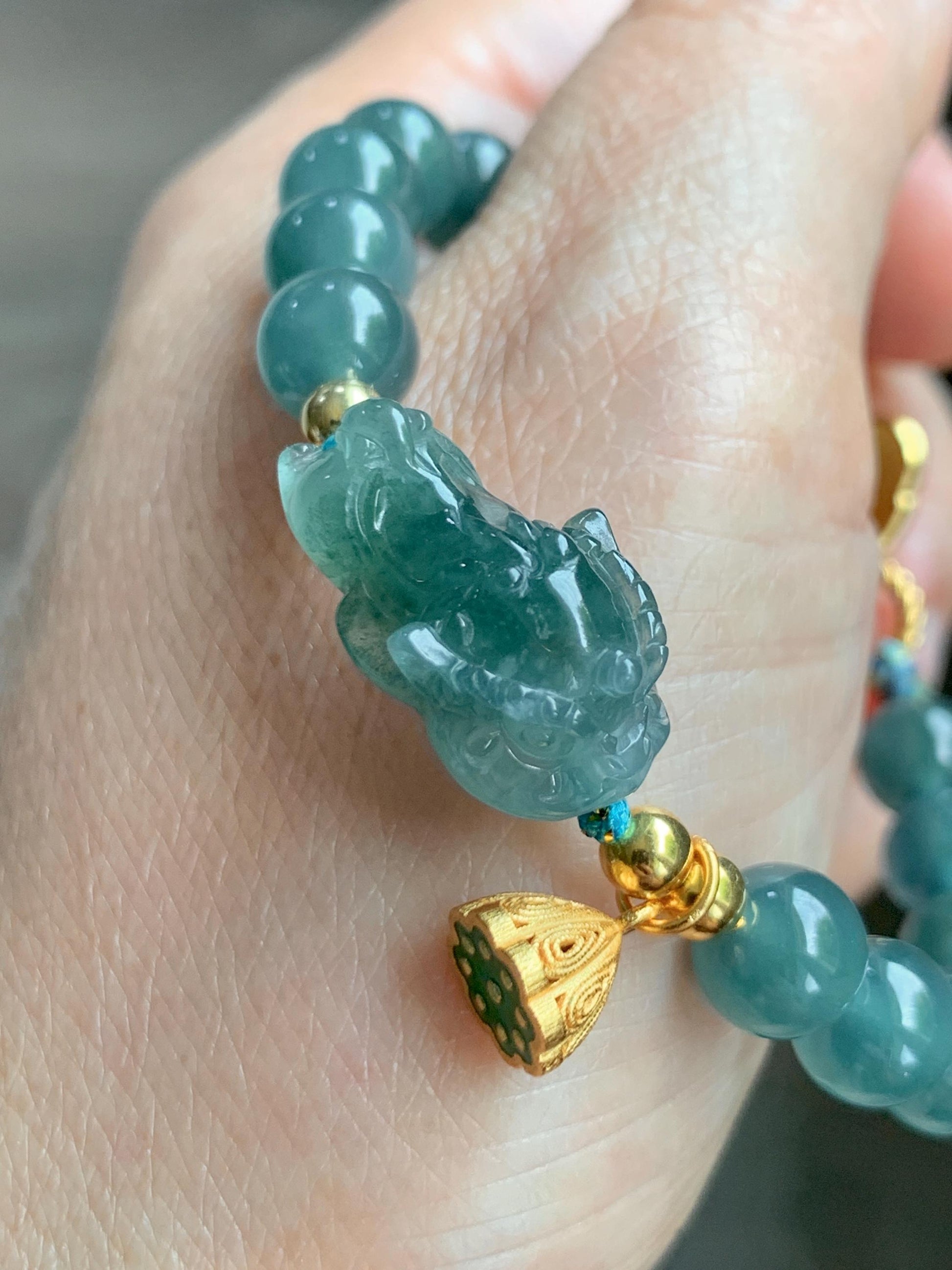 Natural Grade A Guatemalan Icy Translucent Teal Blue Jade Jadeite Dancing Lion Beaded Bracelet 6.5” Sterling Silver 天然冰危蓝绿翡翠摆烂醒狮手串WXX350