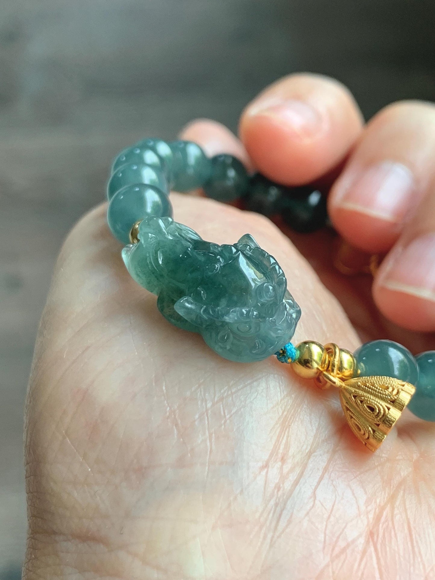Natural Grade A Guatemalan Icy Translucent Teal Blue Jade Jadeite Dancing Lion Beaded Bracelet 6.5” Sterling Silver 天然冰危蓝绿翡翠摆烂醒狮手串WXX350
