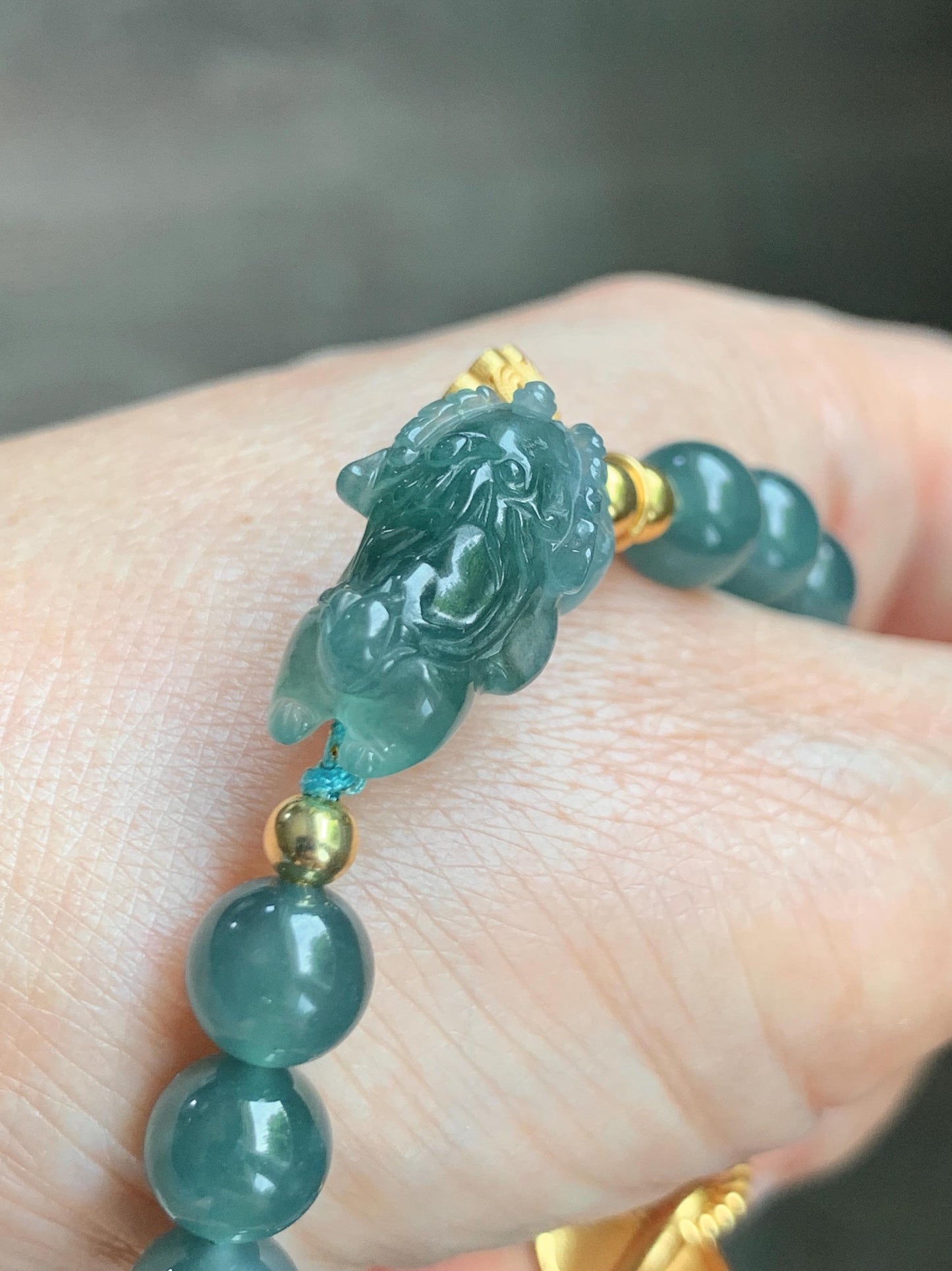 Natural Grade A Guatemalan Icy Translucent Teal Blue Jade Jadeite Dancing Lion Beaded Bracelet 6.5” Sterling Silver 天然冰危蓝绿翡翠摆烂醒狮手串WXX350