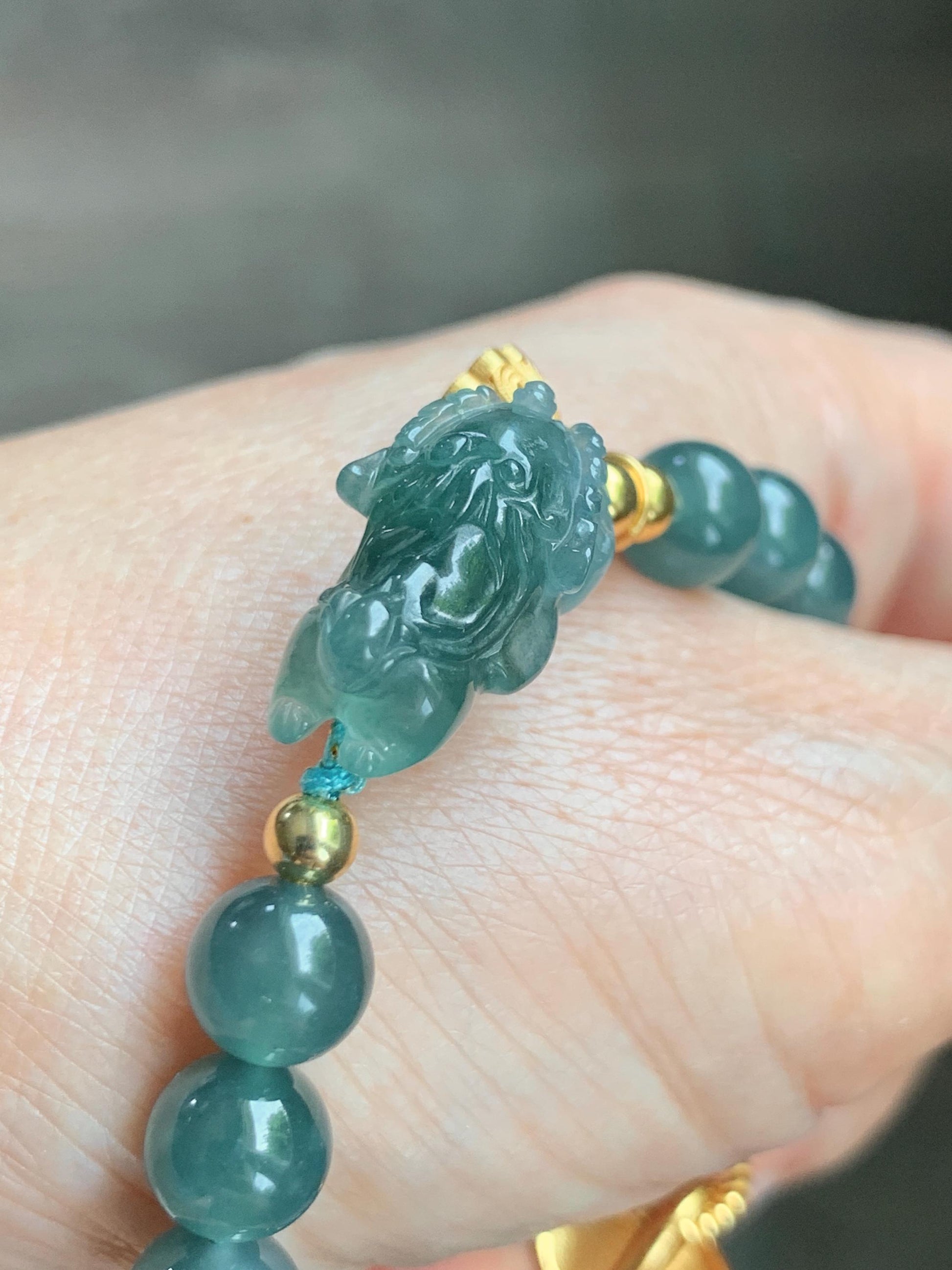 Natural Grade A Guatemalan Icy Translucent Teal Blue Jade Jadeite Dancing Lion Beaded Bracelet 6.5” Sterling Silver 天然冰危蓝绿翡翠摆烂醒狮手串WXX350