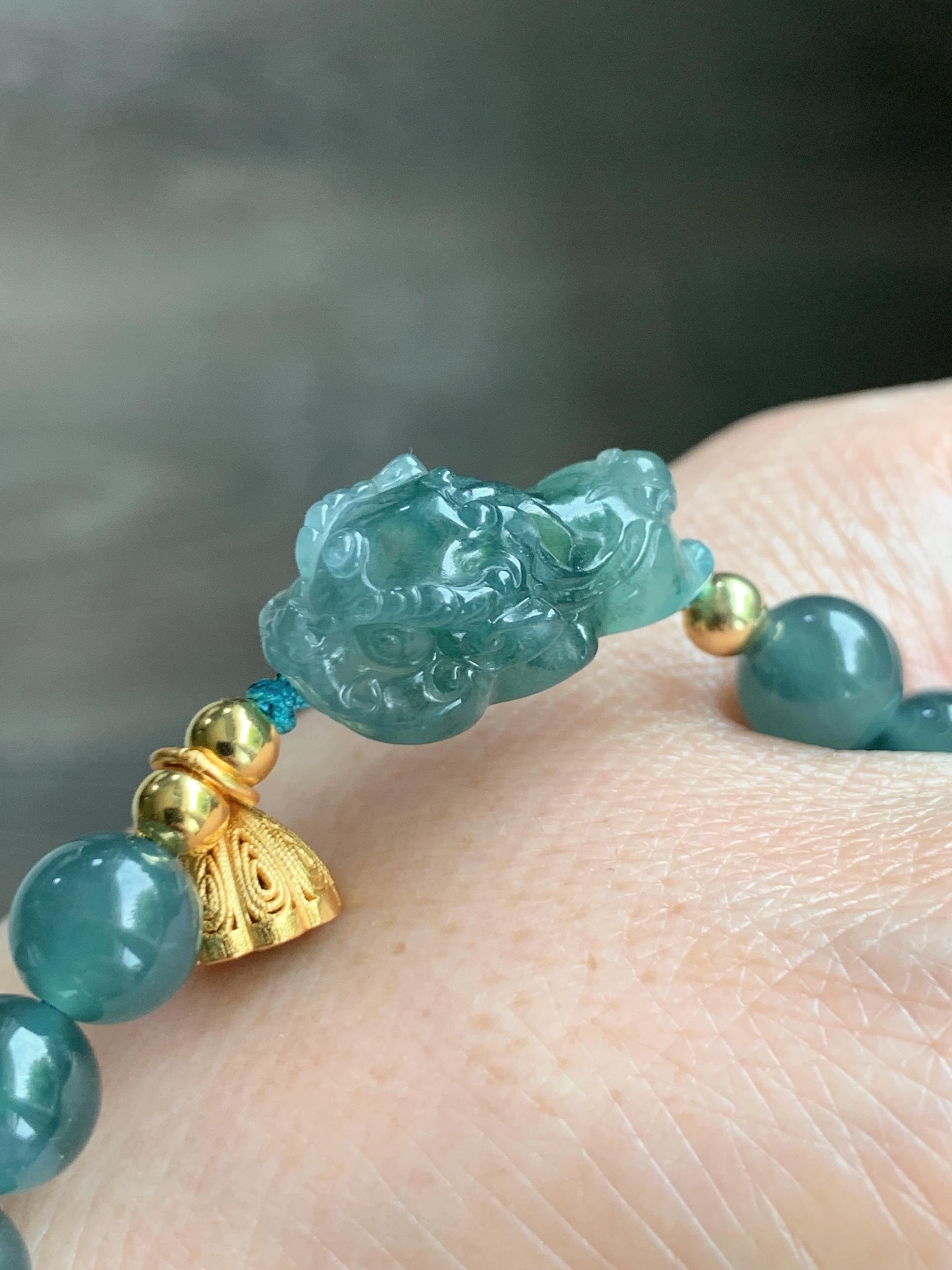 Natural Grade A Guatemalan Icy Translucent Teal Blue Jade Jadeite Dancing Lion Beaded Bracelet 6.5” Sterling Silver 天然冰危蓝绿翡翠摆烂醒狮手串WXX350