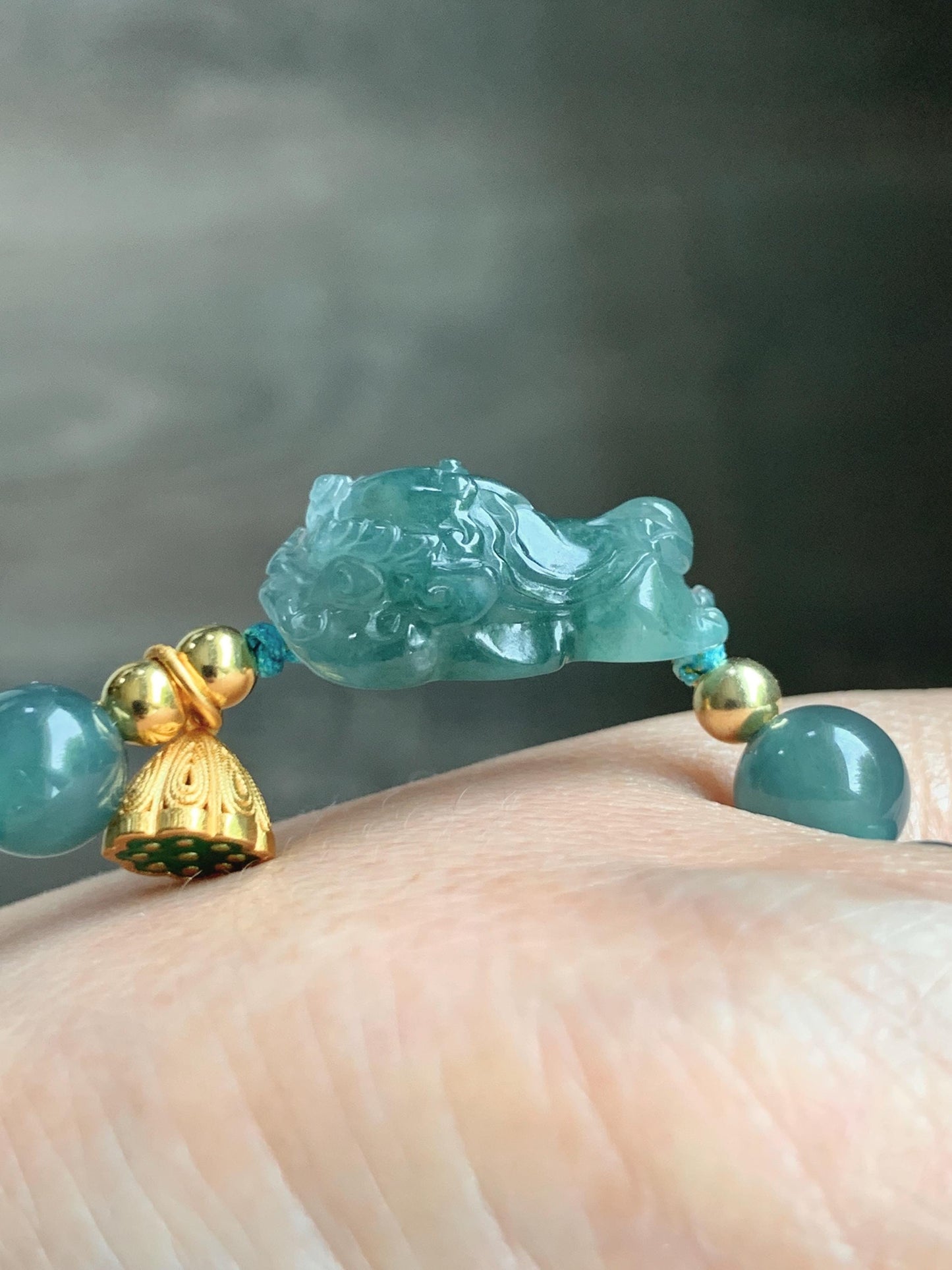 Natural Grade A Guatemalan Icy Translucent Teal Blue Jade Jadeite Dancing Lion Beaded Bracelet 6.5” Sterling Silver 天然冰危蓝绿翡翠摆烂醒狮手串WXX350