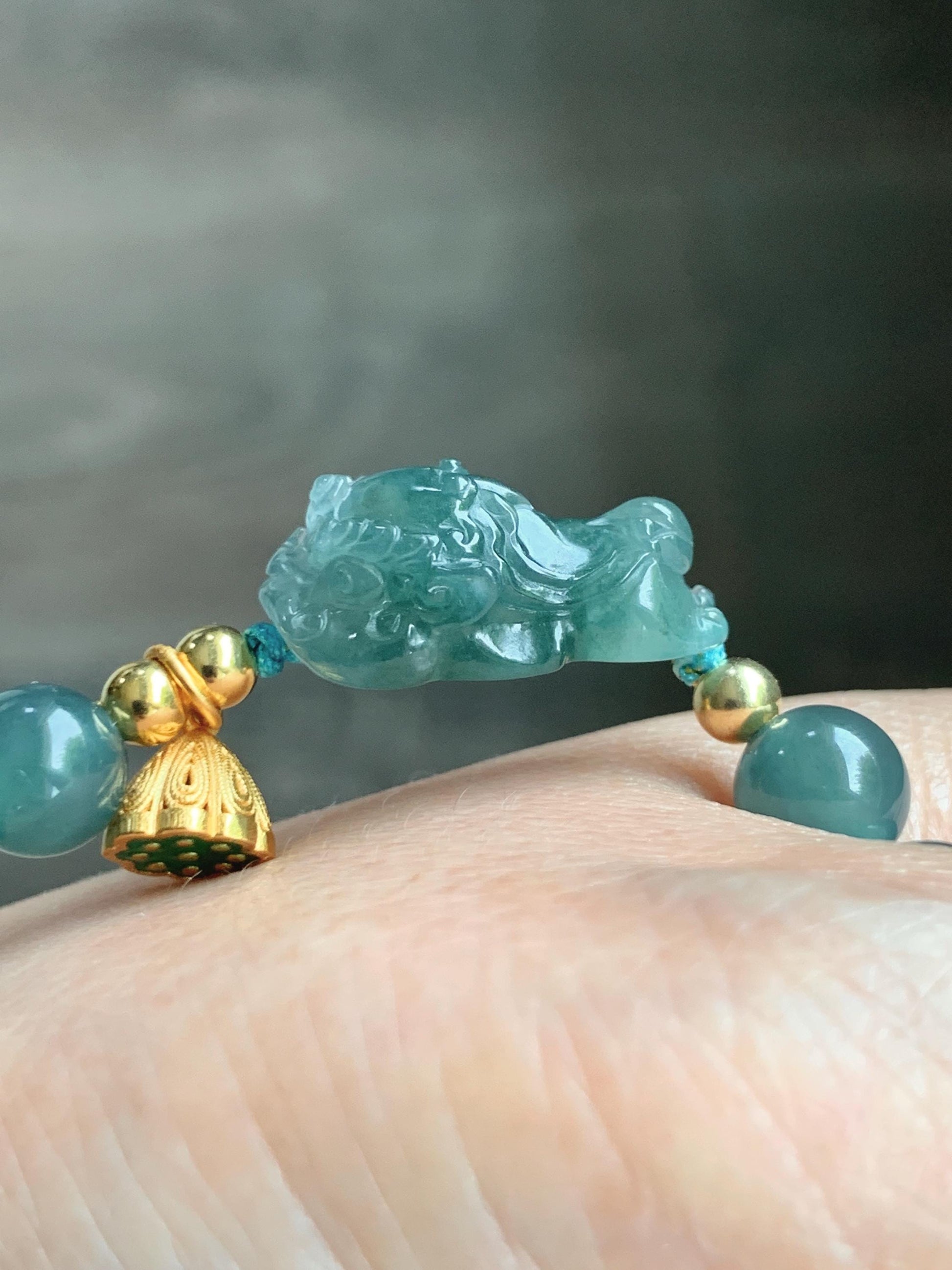 Natural Grade A Guatemalan Icy Translucent Teal Blue Jade Jadeite Dancing Lion Beaded Bracelet 6.5” Sterling Silver 天然冰危蓝绿翡翠摆烂醒狮手串WXX350