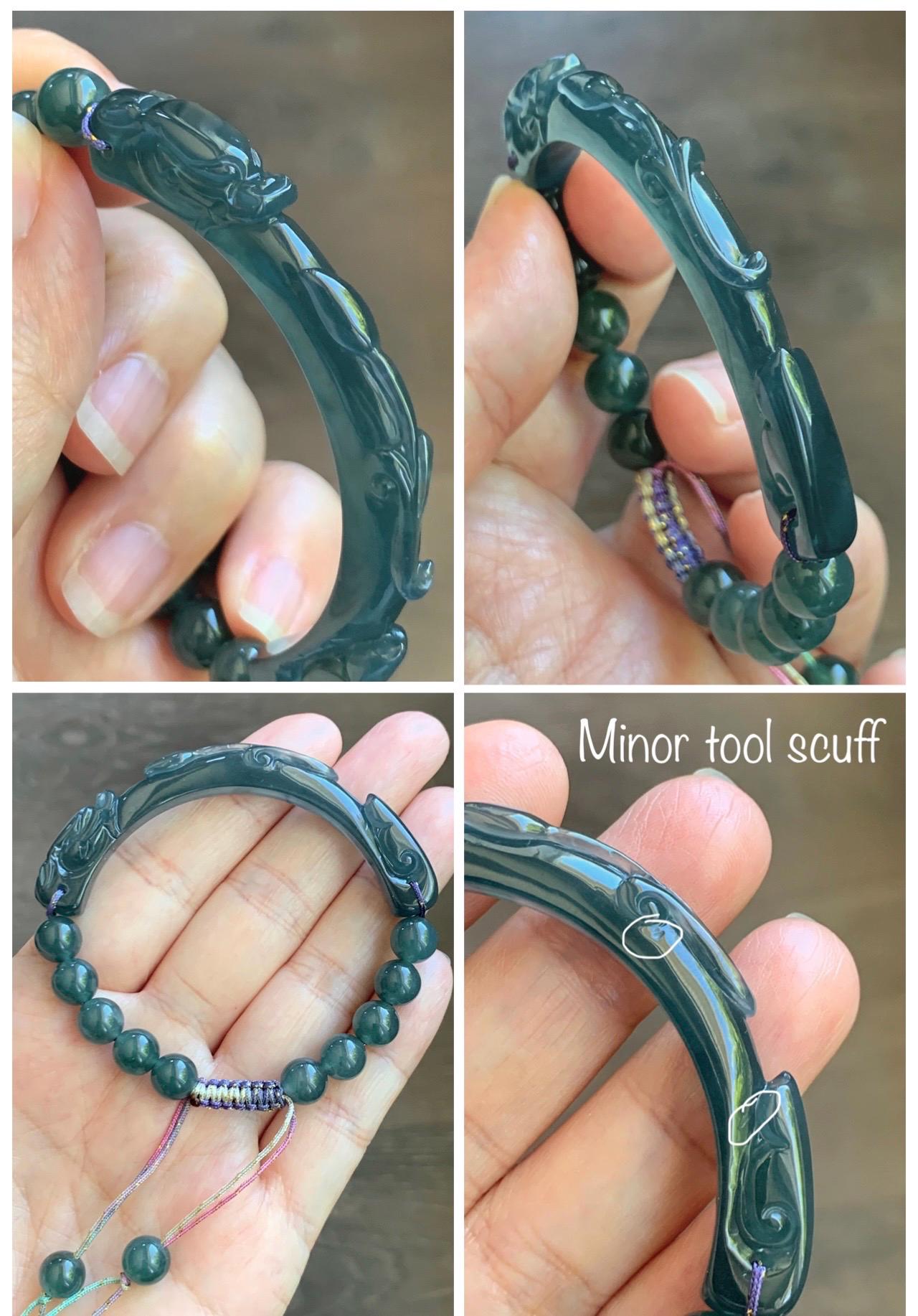 Natural Grade A Guatemalan Icy Translucent Dark Teal Blue Jade Jadeite Dragon Hook Cuff Beaded Bracelet 6.5”-6.75" 21g 天然冰危蓝绿龙钩手牌手串 WLG236A