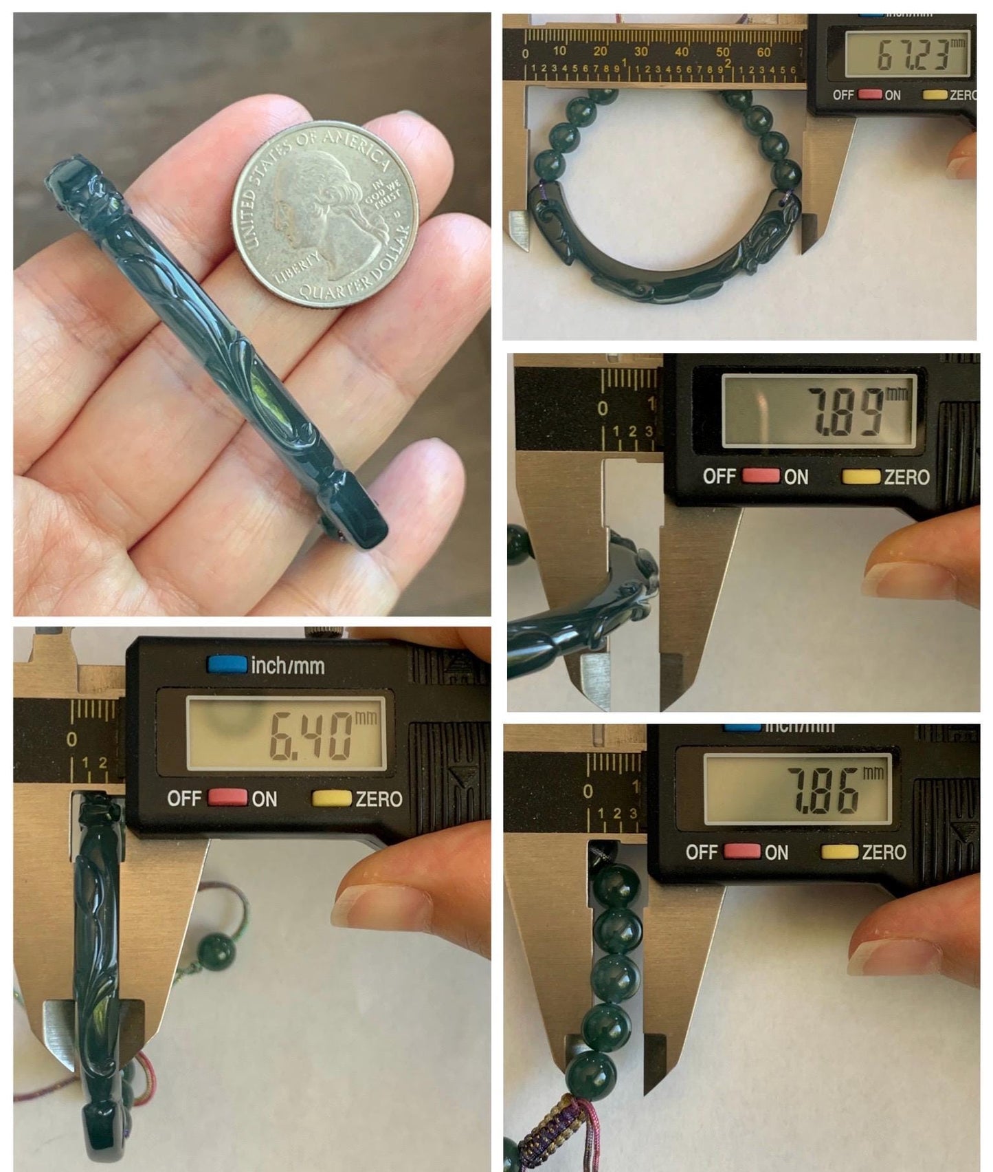 Natural Grade A Guatemalan Icy Translucent Dark Teal Blue Jade Jadeite Dragon Hook Cuff Beaded Bracelet 6.5”-6.75" 21g 天然冰危蓝绿龙钩手牌手串 WLG236A