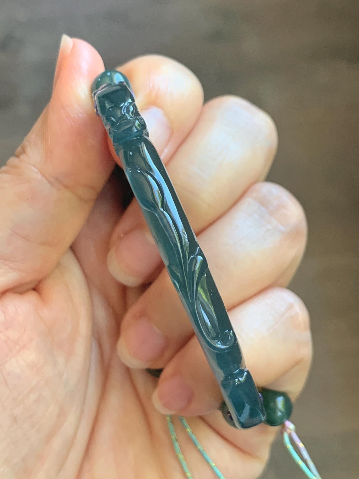 Natural Grade A Guatemalan Icy Translucent Dark Teal Blue Jade Jadeite Dragon Hook Cuff Beaded Bracelet 6.5”-6.75" 21g 天然冰危蓝绿龙钩手牌手串 WLG236A