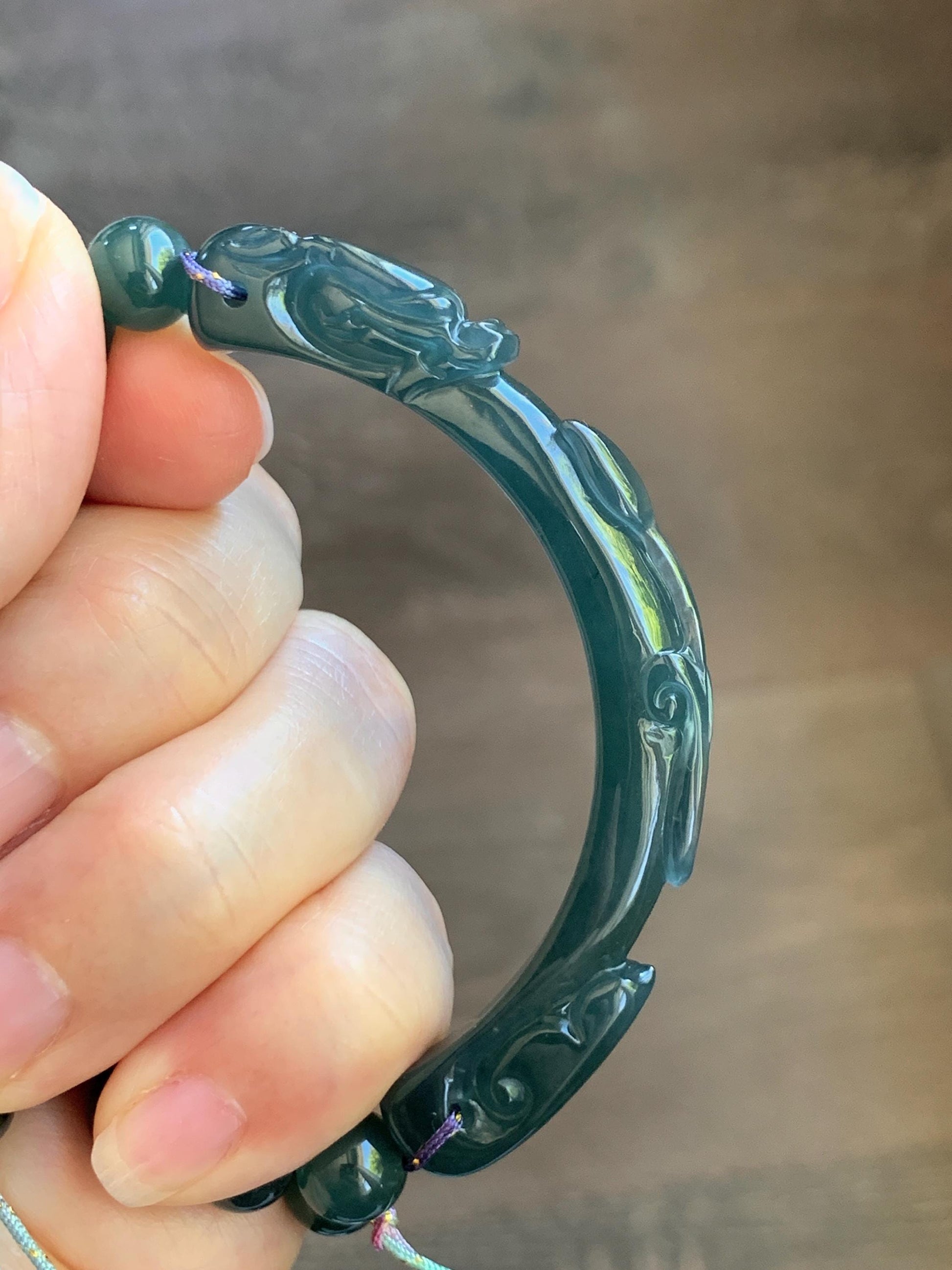 Natural Grade A Guatemalan Icy Translucent Dark Teal Blue Jade Jadeite Dragon Hook Cuff Beaded Bracelet 6.5”-6.75" 21g 天然冰危蓝绿龙钩手牌手串 WLG236A
