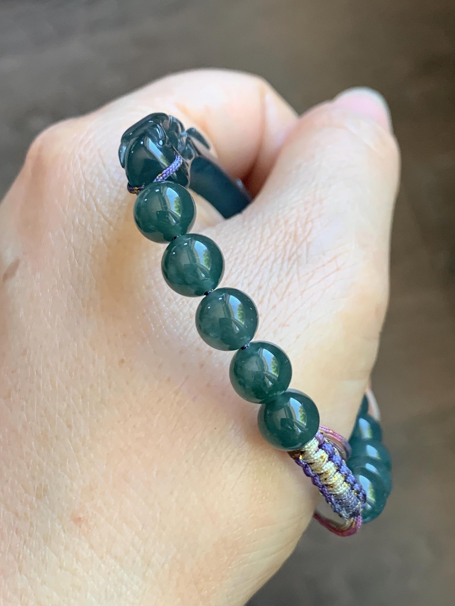Natural Grade A Guatemalan Icy Translucent Dark Teal Blue Jade Jadeite Dragon Hook Cuff Beaded Bracelet 6.5”-6.75" 21g 天然冰危蓝绿龙钩手牌手串 WLG236A