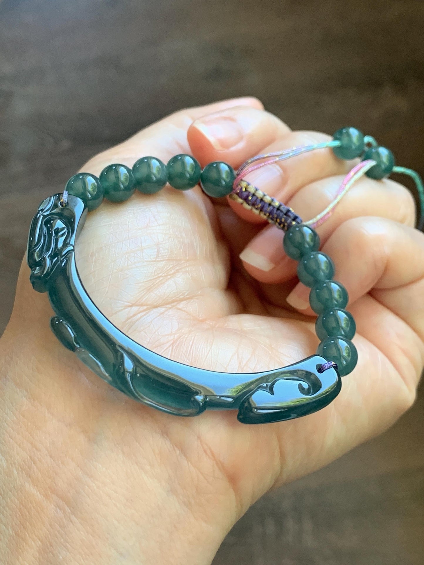 Natural Grade A Guatemalan Icy Translucent Dark Teal Blue Jade Jadeite Dragon Hook Cuff Beaded Bracelet 6.5”-6.75" 21g 天然冰危蓝绿龙钩手牌手串 WLG236A