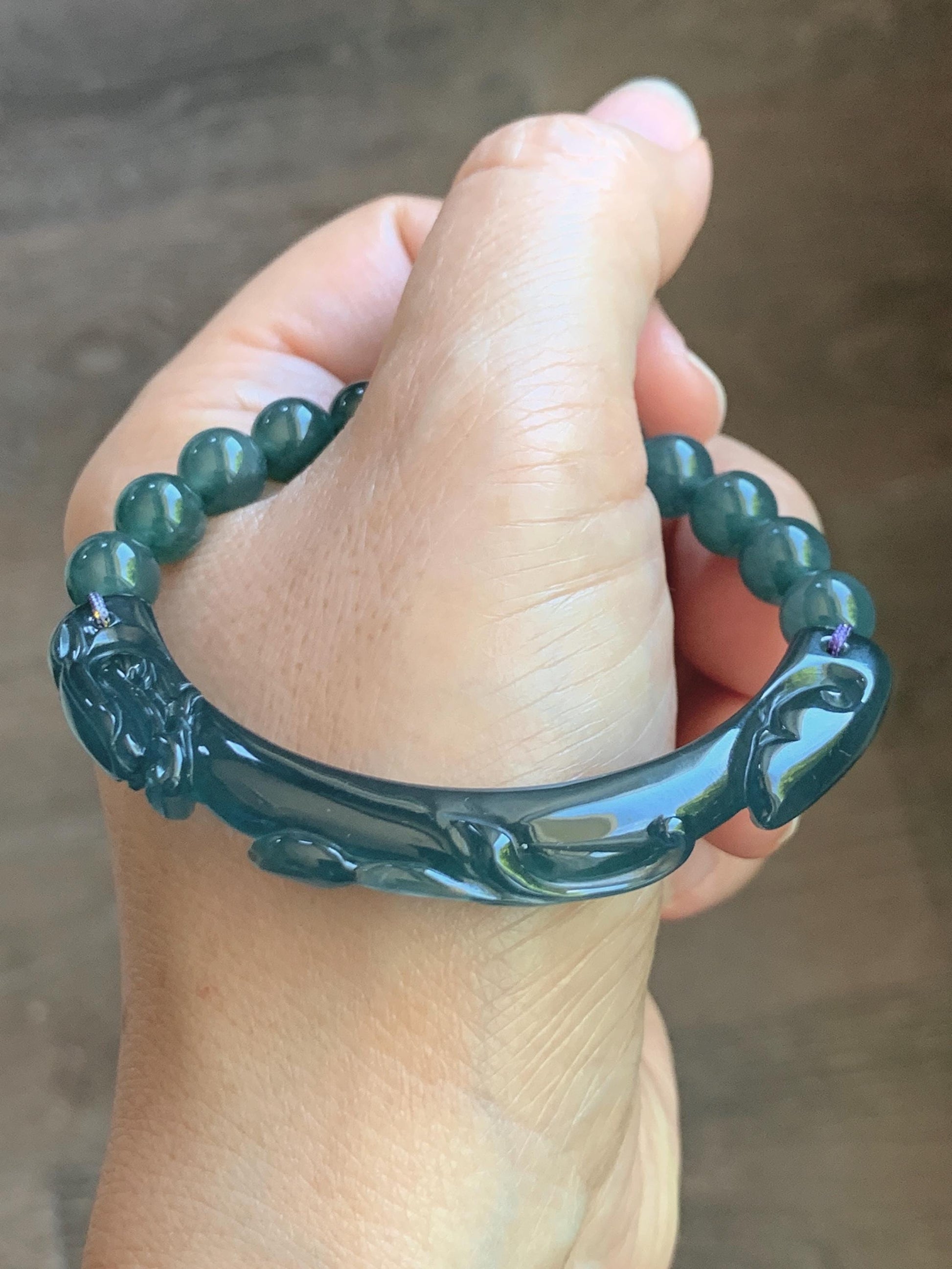 Natural Grade A Guatemalan Icy Translucent Dark Teal Blue Jade Jadeite Dragon Hook Cuff Beaded Bracelet 6.5”-6.75" 21g 天然冰危蓝绿龙钩手牌手串 WLG236A