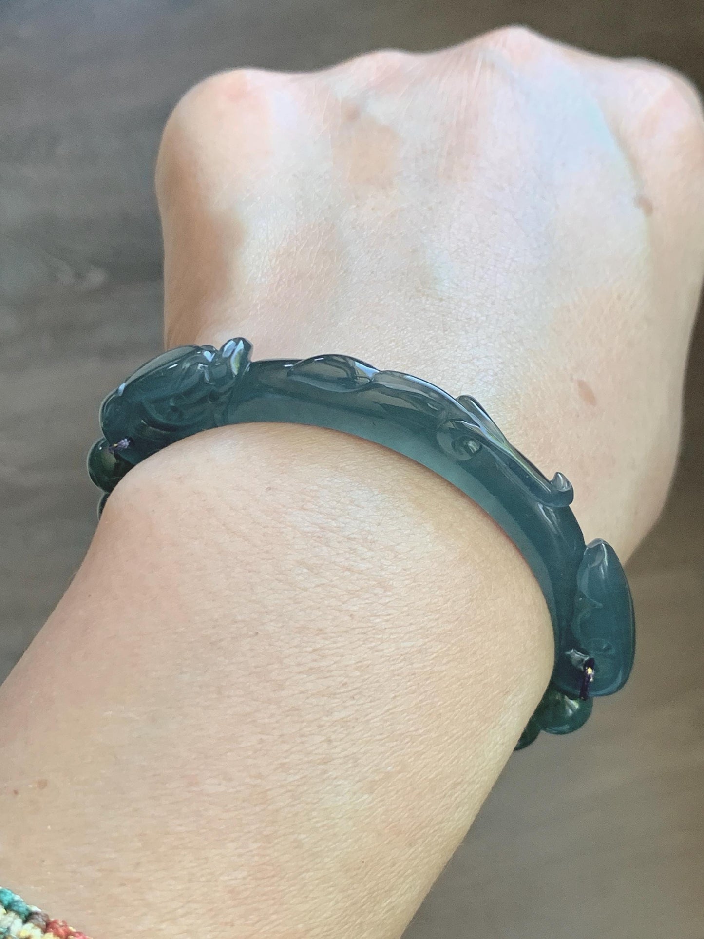 Natural Grade A Guatemalan Icy Translucent Dark Teal Blue Jade Jadeite Dragon Hook Cuff Beaded Bracelet 6.5”-6.75" 21g 天然冰危蓝绿龙钩手牌手串 WLG236A