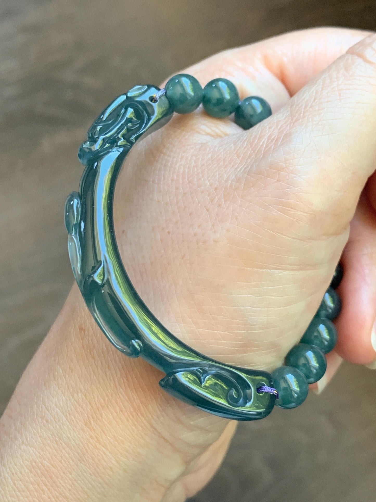 Natural Grade A Guatemalan Icy Translucent Dark Teal Blue Jade Jadeite Dragon Hook Cuff Beaded Bracelet 6.5”-6.75" 21g 天然冰危蓝绿龙钩手牌手串 WLG236A