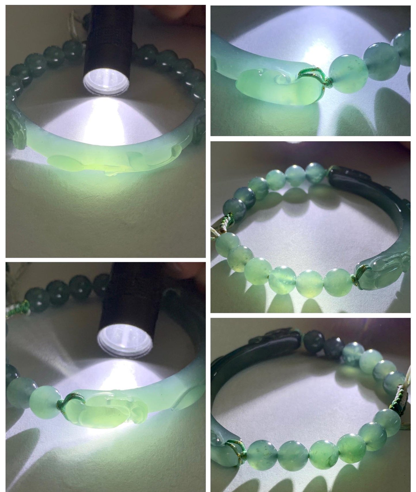 Natural Grade A Guatemalan Icy Translucent Dusty Teal Green Jade Jadeite Dragon Hook Cuff Beaded Bracelet 7”-7.25" 21g 天然冰危蓝绿龙钩手牌手串 WLG236B