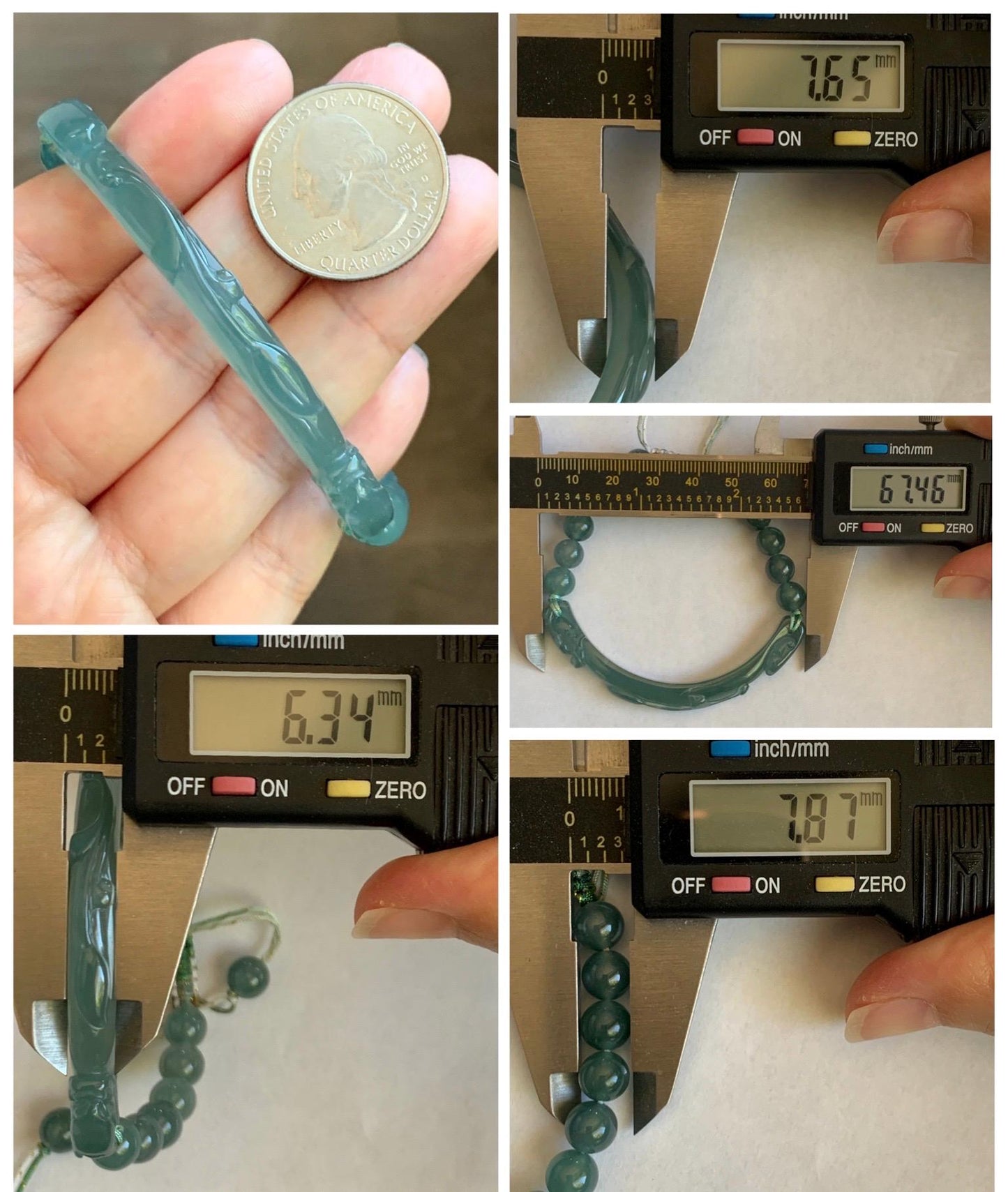 Natural Grade A Guatemalan Icy Translucent Dusty Teal Green Jade Jadeite Dragon Hook Cuff Beaded Bracelet 7”-7.25" 21g 天然冰危蓝绿龙钩手牌手串 WLG236B
