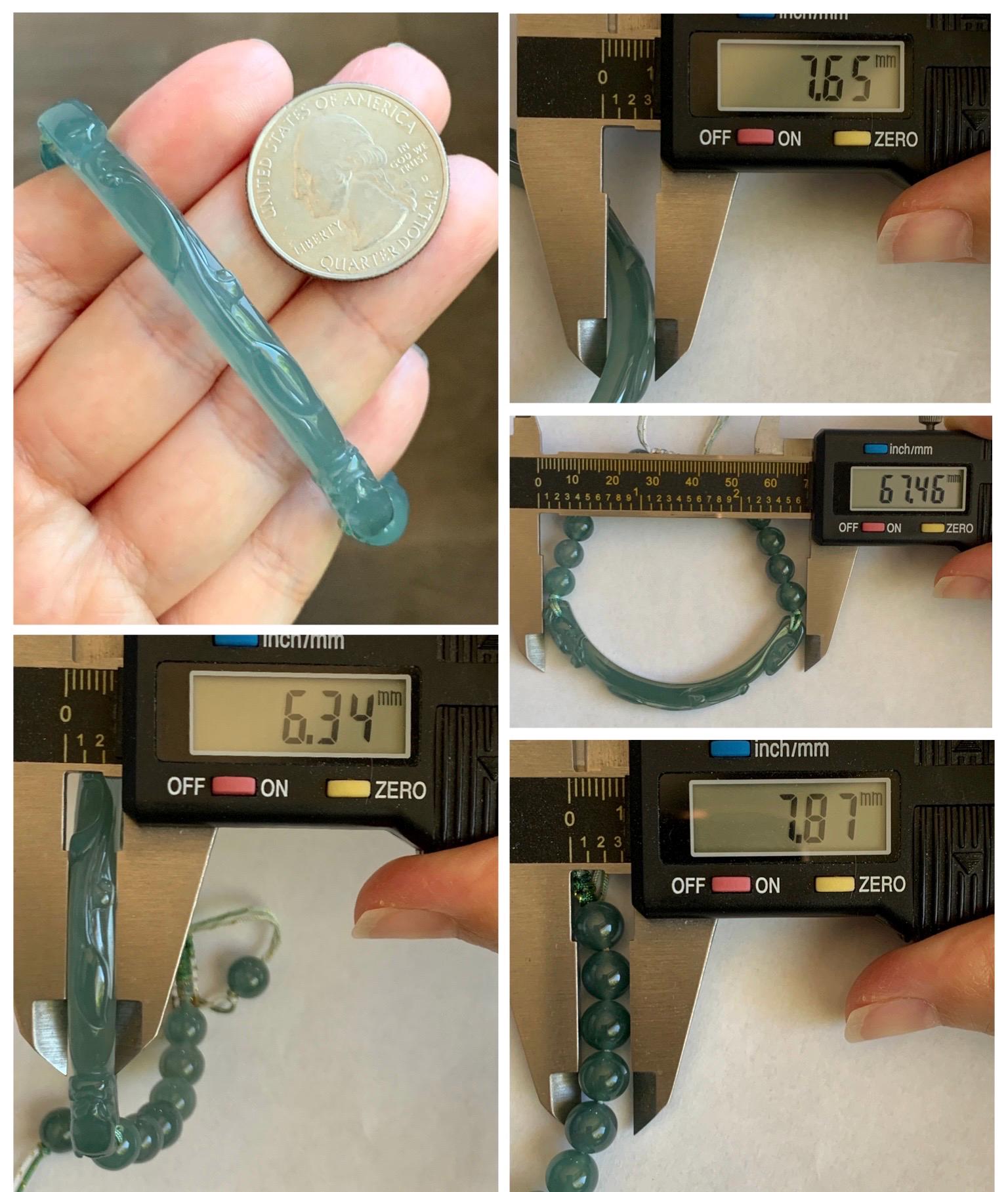 Natural Grade A Guatemalan Icy Translucent Dusty Teal Green Jade Jadeite Dragon Hook Cuff Beaded Bracelet 7”-7.25" 21g 天然冰危蓝绿龙钩手牌手串 WLG236B