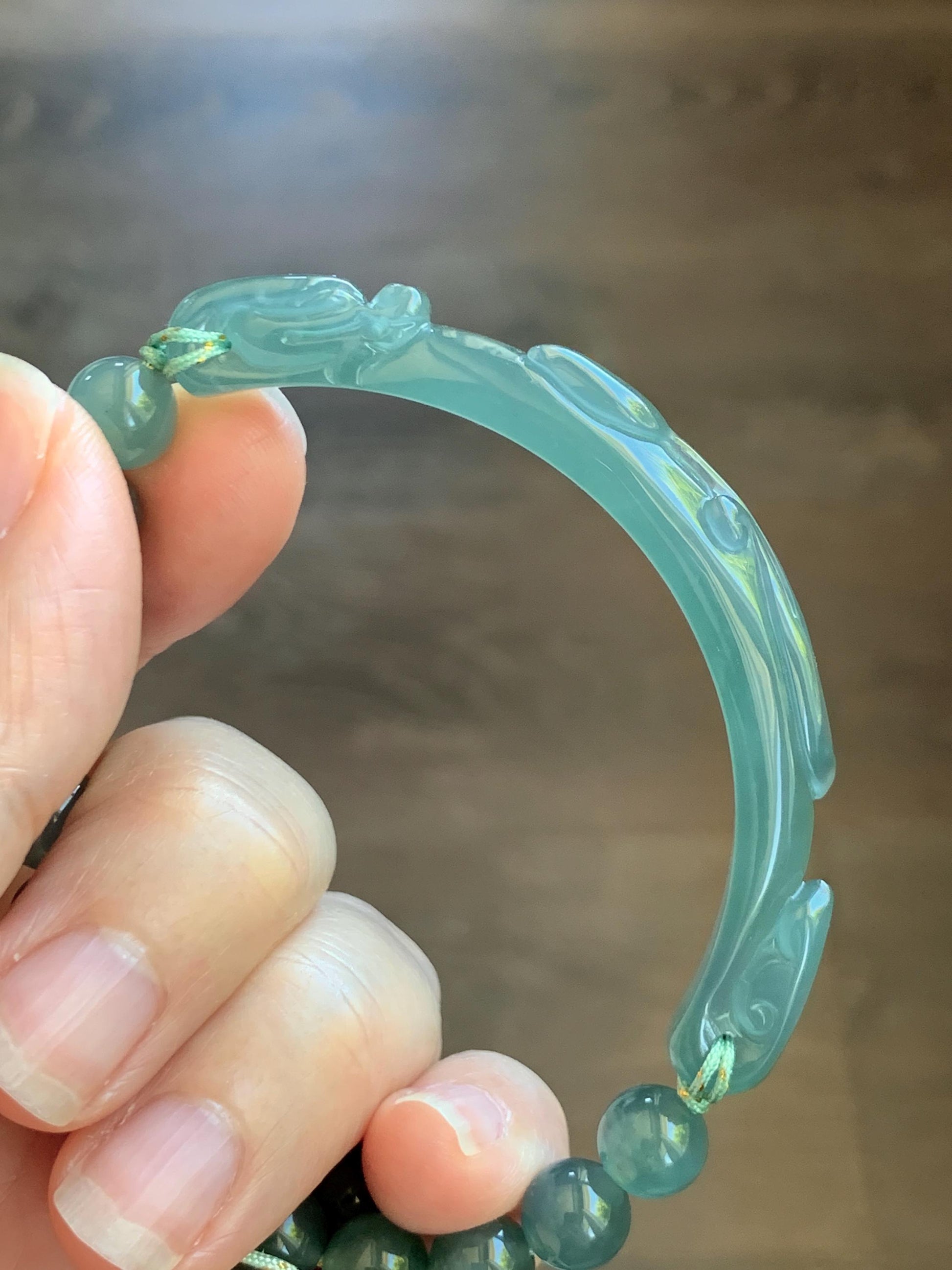 Natural Grade A Guatemalan Icy Translucent Dusty Teal Green Jade Jadeite Dragon Hook Cuff Beaded Bracelet 7”-7.25" 21g 天然冰危蓝绿龙钩手牌手串 WLG236B