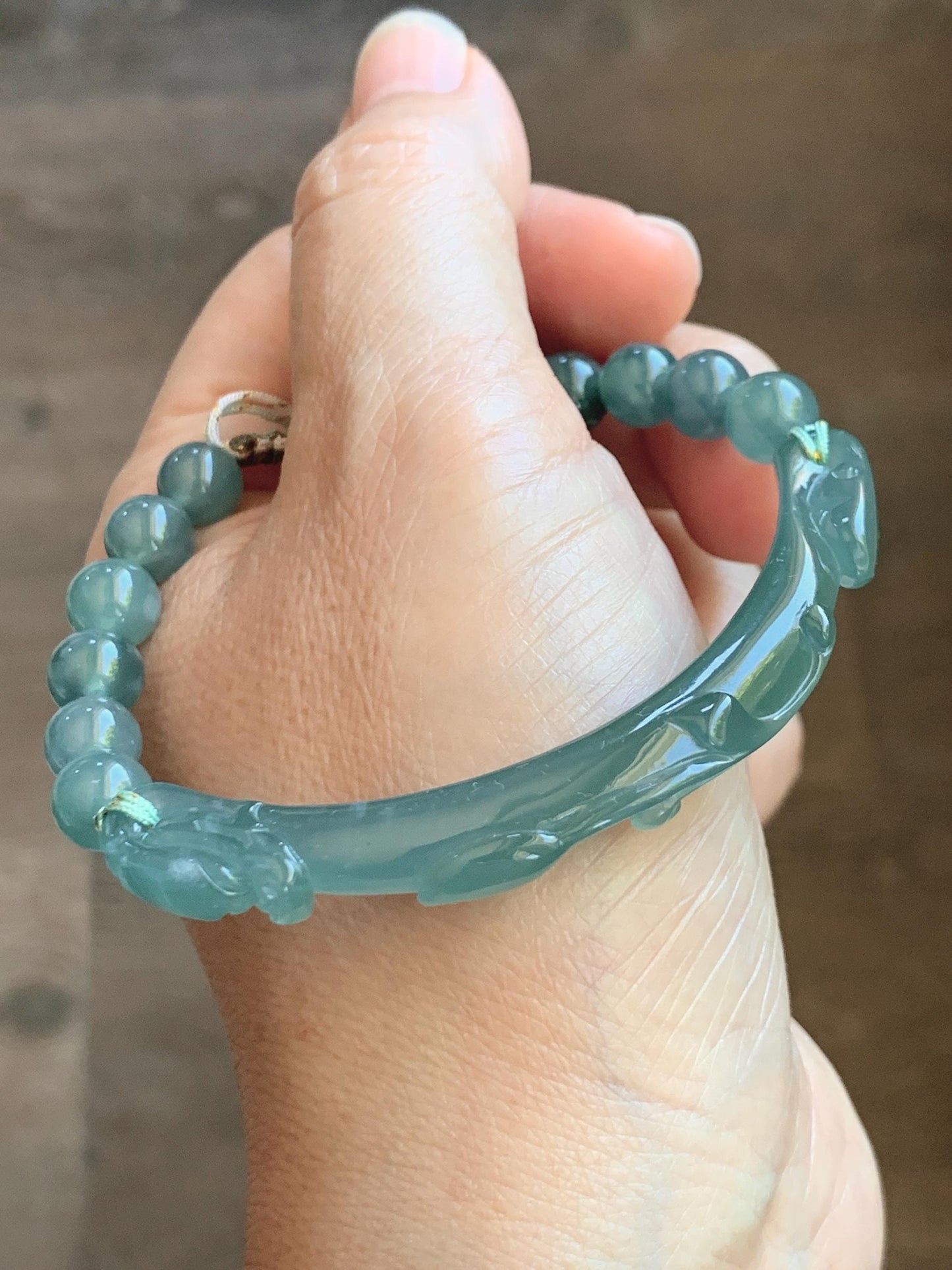 Natural Grade A Guatemalan Icy Translucent Dusty Teal Green Jade Jadeite Dragon Hook Cuff Beaded Bracelet 7”-7.25" 21g 天然冰危蓝绿龙钩手牌手串 WLG236B