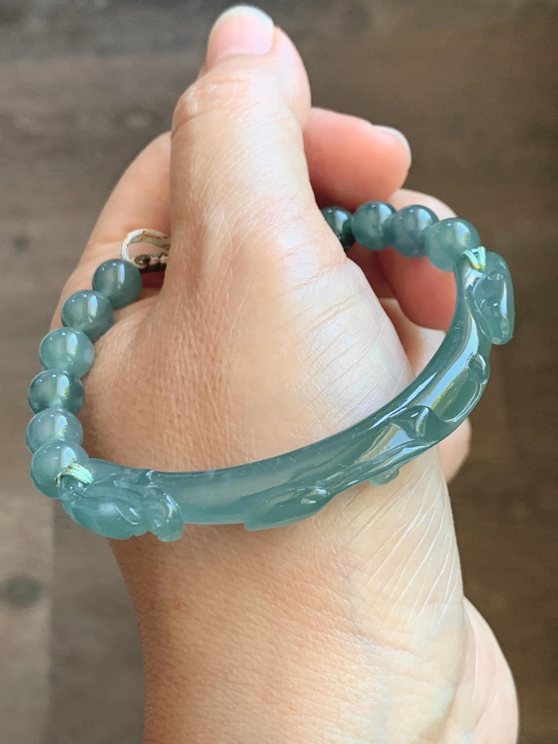 Natural Grade A Guatemalan Icy Translucent Dusty Teal Green Jade Jadeite Dragon Hook Cuff Beaded Bracelet 7”-7.25" 21g 天然冰危蓝绿龙钩手牌手串 WLG236B