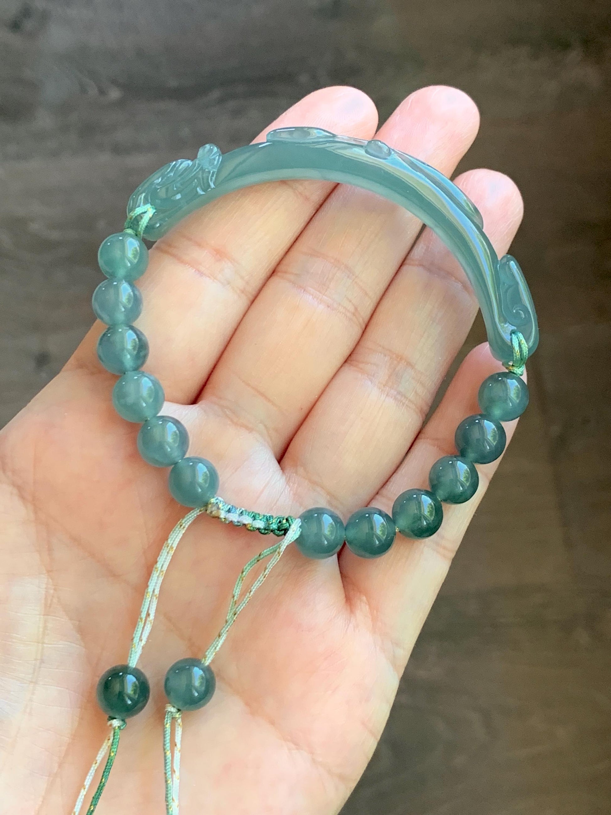 Natural Grade A Guatemalan Icy Translucent Dusty Teal Green Jade Jadeite Dragon Hook Cuff Beaded Bracelet 7”-7.25" 21g 天然冰危蓝绿龙钩手牌手串 WLG236B