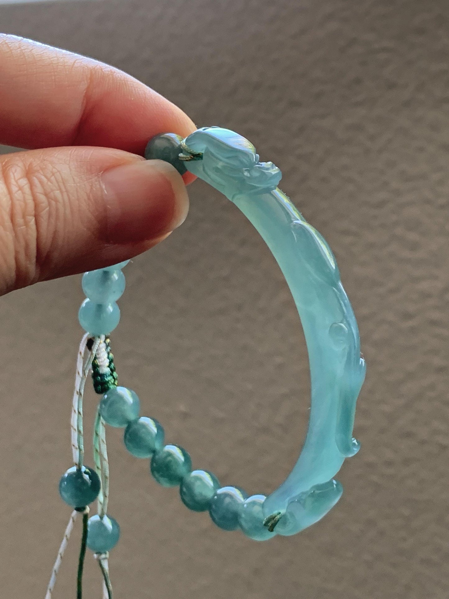 Natural Grade A Guatemalan Icy Translucent Dusty Teal Green Jade Jadeite Dragon Hook Cuff Beaded Bracelet 7”-7.25" 21g 天然冰危蓝绿龙钩手牌手串 WLG236B