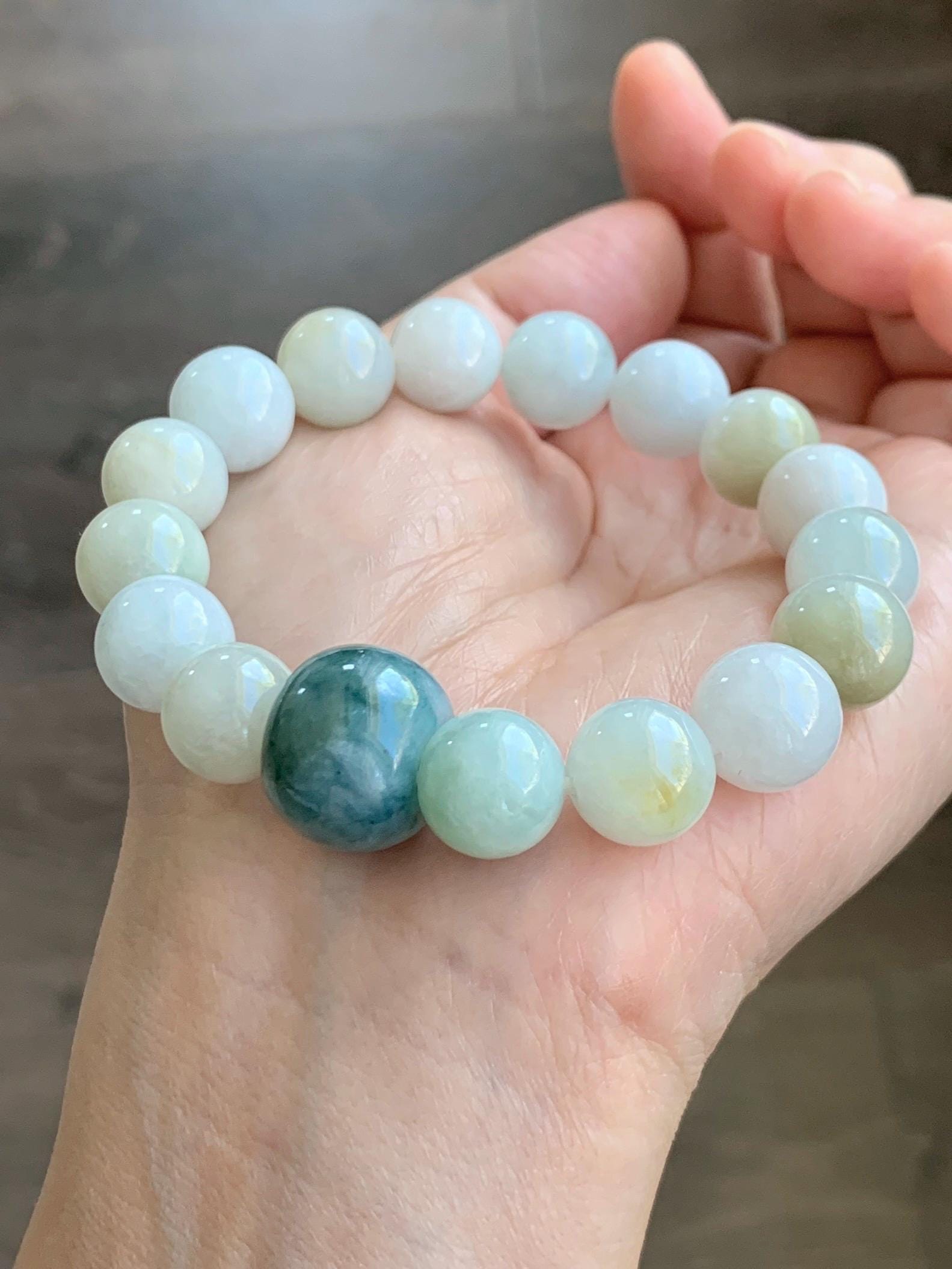 Natural Grade A Icy Translucent Multicolored Jade Jadeite Beads Dark Blue Marbled Drum Bead Beaded Bracelet 7” 49g 天然冰胶多宝翡翠缅蓝鼓珠手串 MDB148