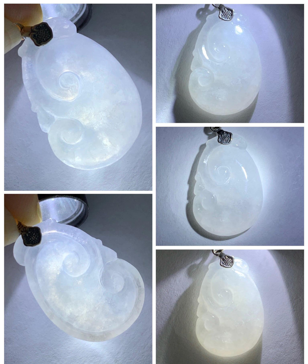 Natural Grade A Icy Highly Translucent Icy White Jade Jadeite Carved Ruyi Pendant Sterling Silver 5g 天然白冰胶翡翠如意吊坠 MBR90A