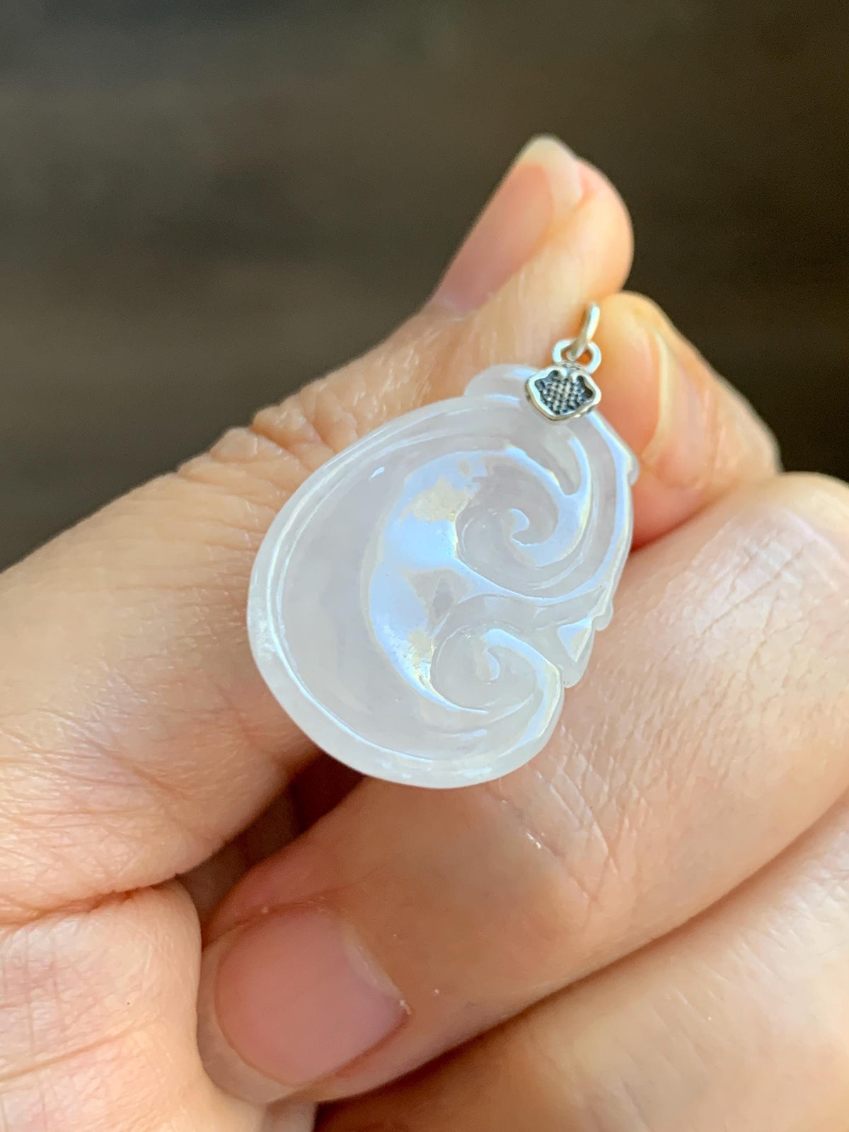 Natural Grade A Icy Highly Translucent Icy White Jade Jadeite Carved Ruyi Pendant Sterling Silver 5g 天然白冰胶翡翠如意吊坠 MBR90A