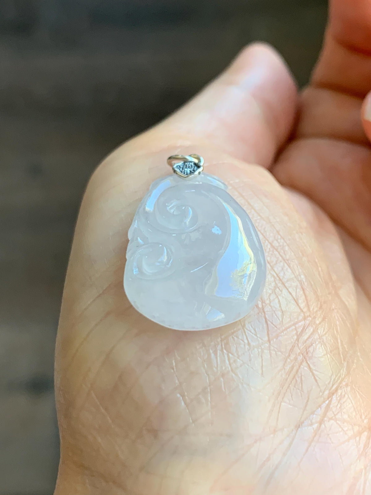Natural Grade A Icy Highly Translucent Icy White Jade Jadeite Carved Ruyi Pendant Sterling Silver 5g 天然白冰胶翡翠如意吊坠 MBR90A