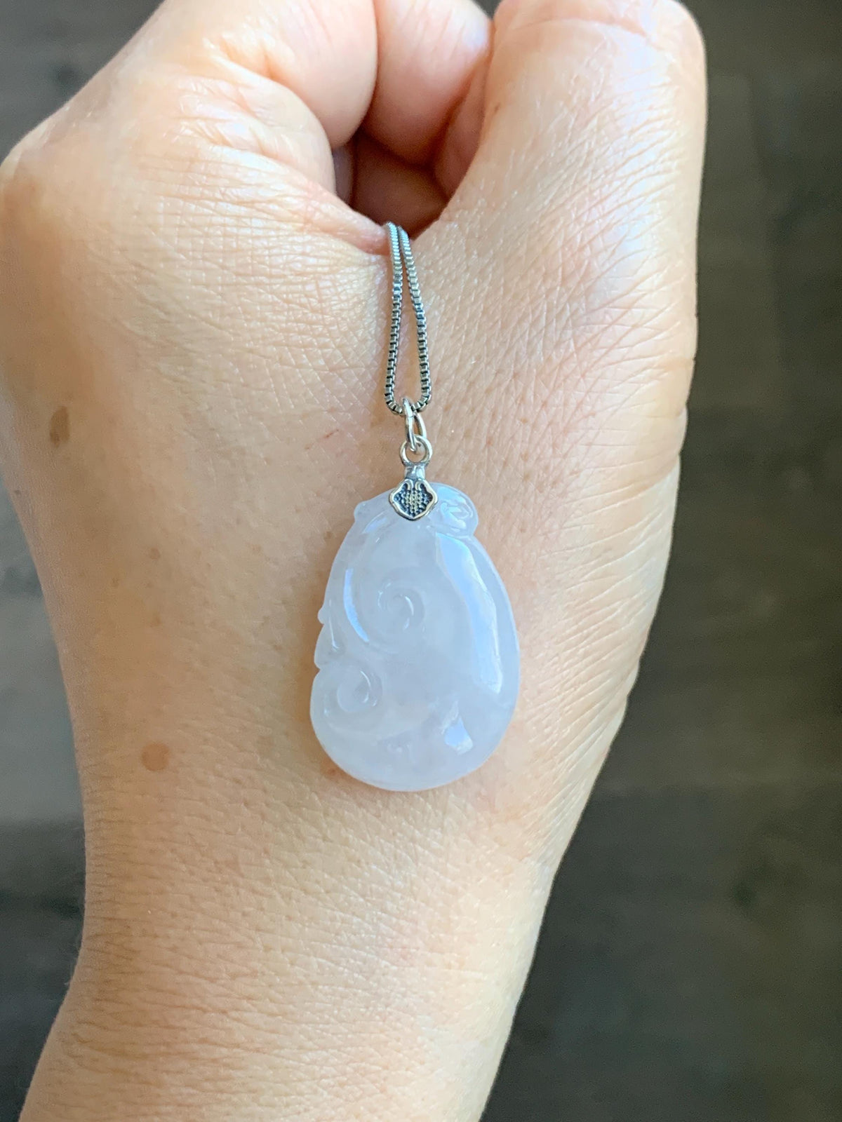 Natural Grade A Icy Highly Translucent Icy White Jade Jadeite Carved Ruyi Pendant Sterling Silver 5g 天然白冰胶翡翠如意吊坠 MBR90A