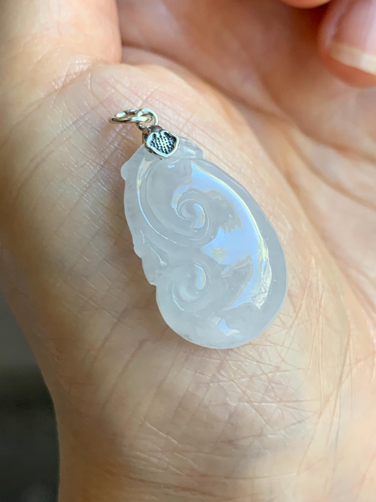 Natural Grade A Icy Highly Translucent Icy White Jade Jadeite Carved Ruyi Pendant Sterling Silver 5g 天然白冰胶翡翠如意吊坠 MBR90A