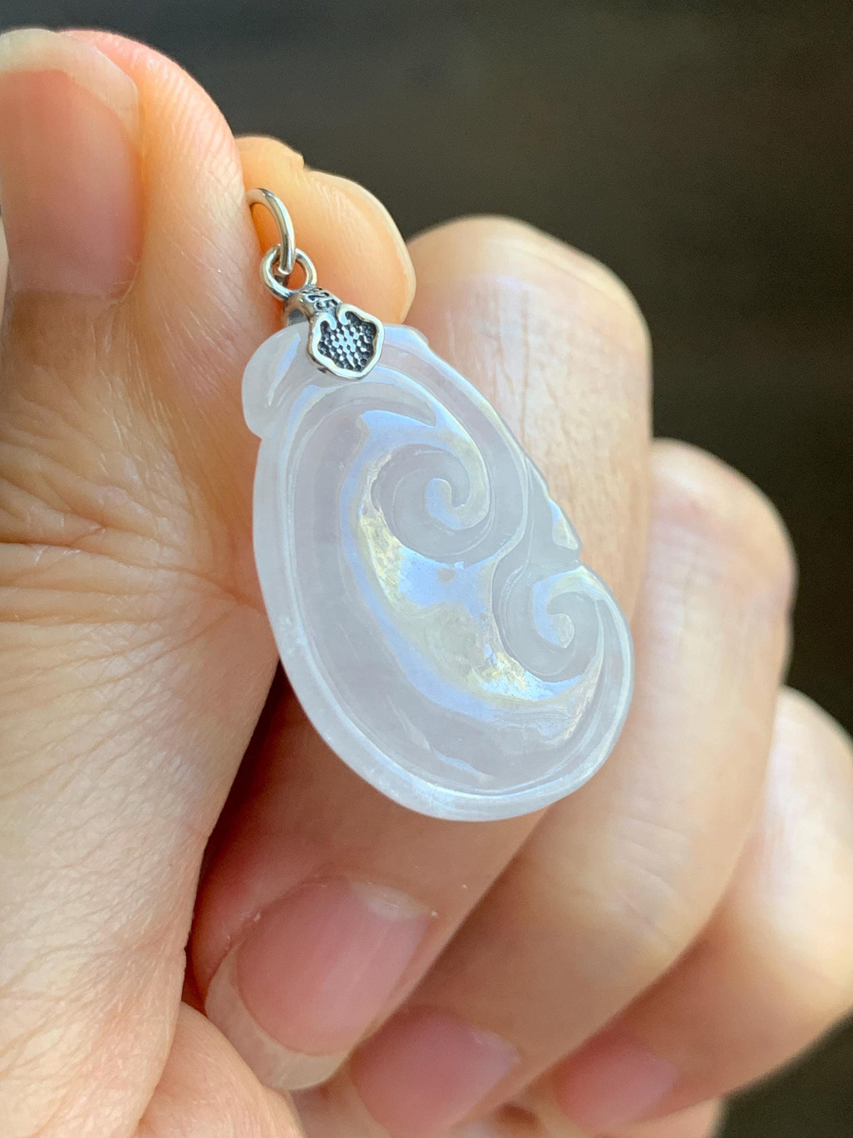 Natural Grade A Icy Highly Translucent Icy White Jade Jadeite Carved Ruyi Pendant Sterling Silver 5g 天然白冰胶翡翠如意吊坠 MBR90A