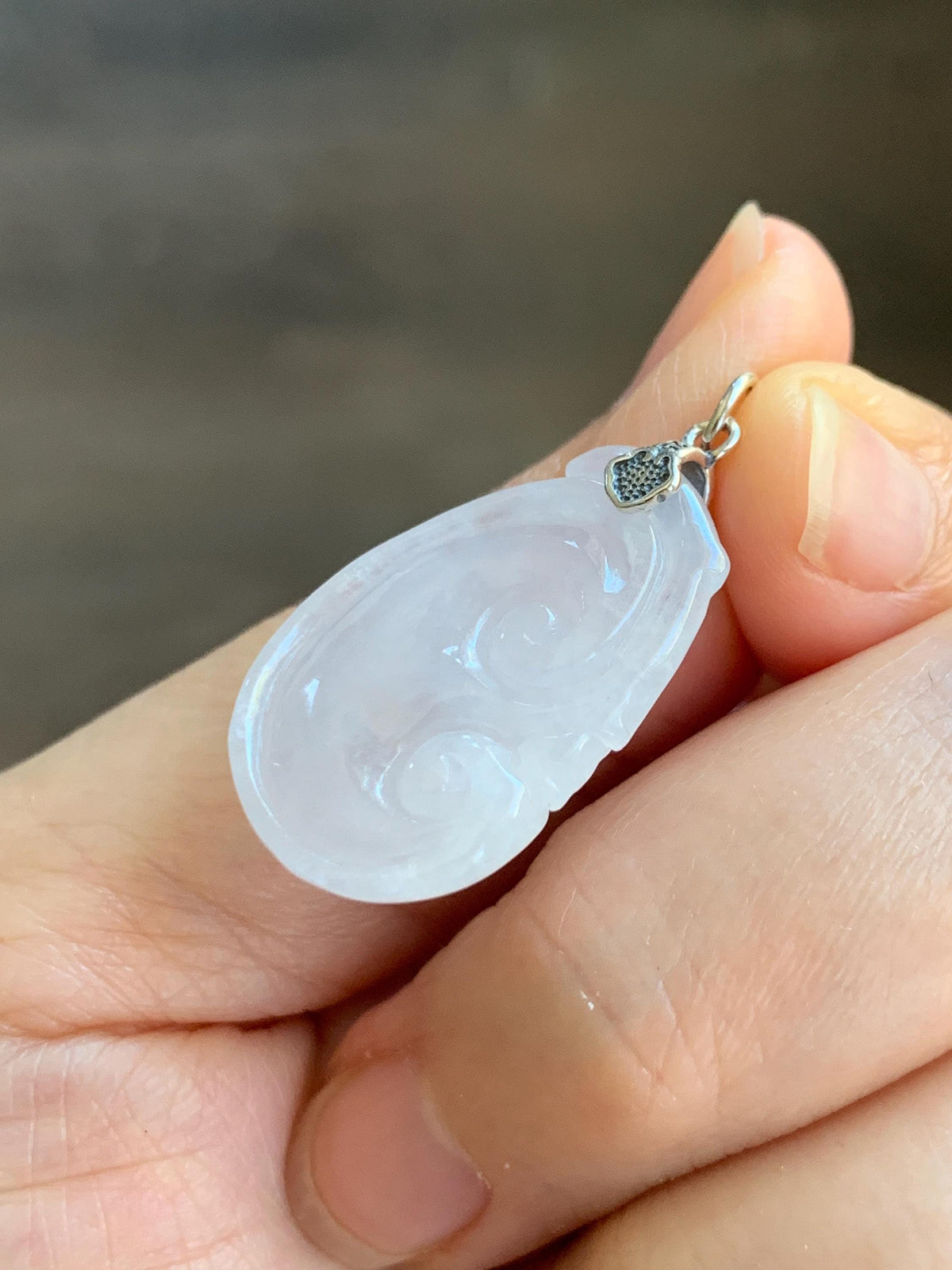Natural Grade A Icy Highly Translucent Icy White Jade Jadeite Carved Ruyi Pendant Sterling Silver 5g 天然白冰胶翡翠如意吊坠 MBR90A