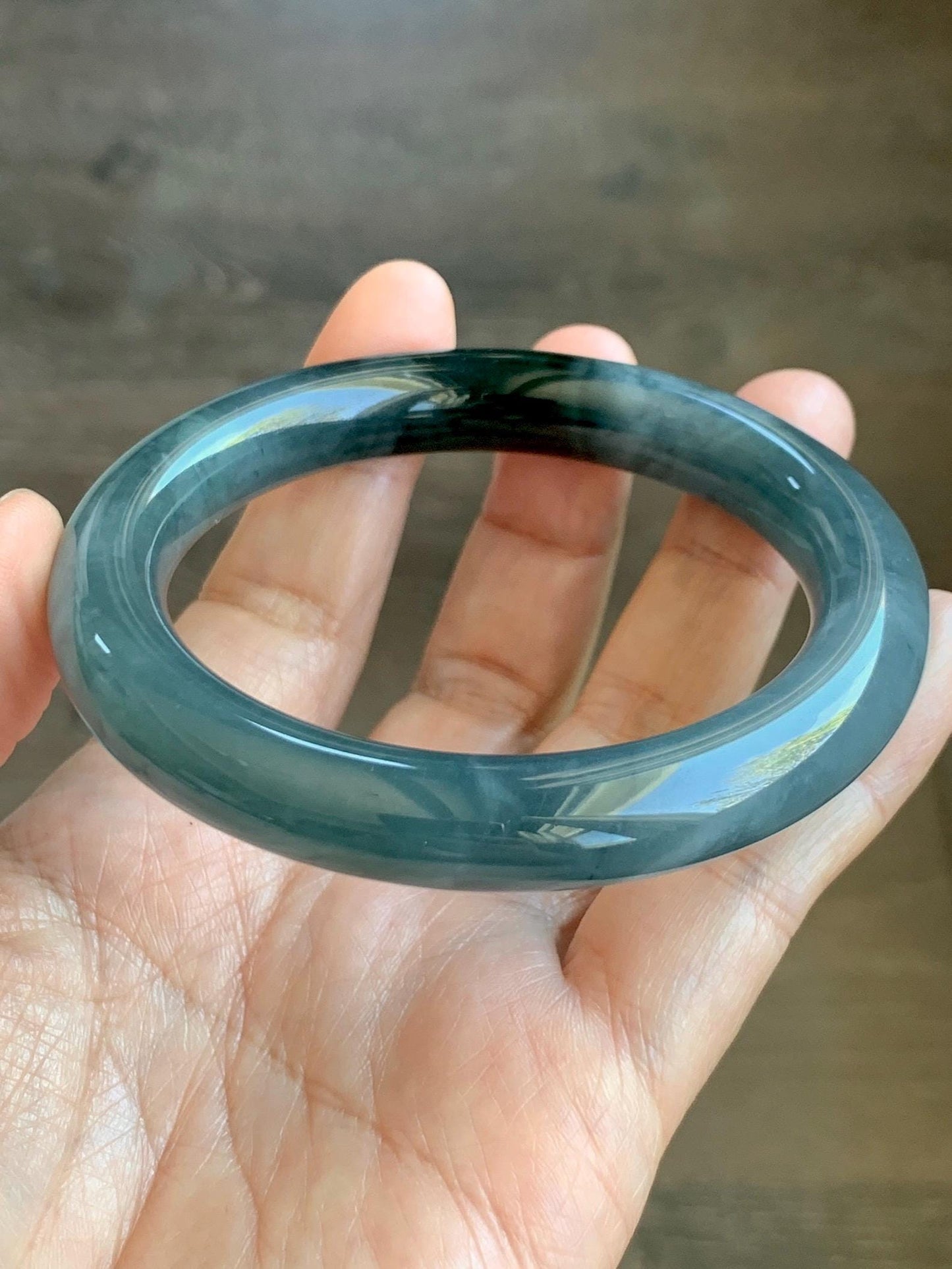 Certified Natural Grade A Guatemalan Icy Translucent Dark Dusty Blue Jade Jadeite Wide Bangle Bracelet 57.06mm 7” 60g 天然冰危暗蓝翡翠粗圆条手镯 947