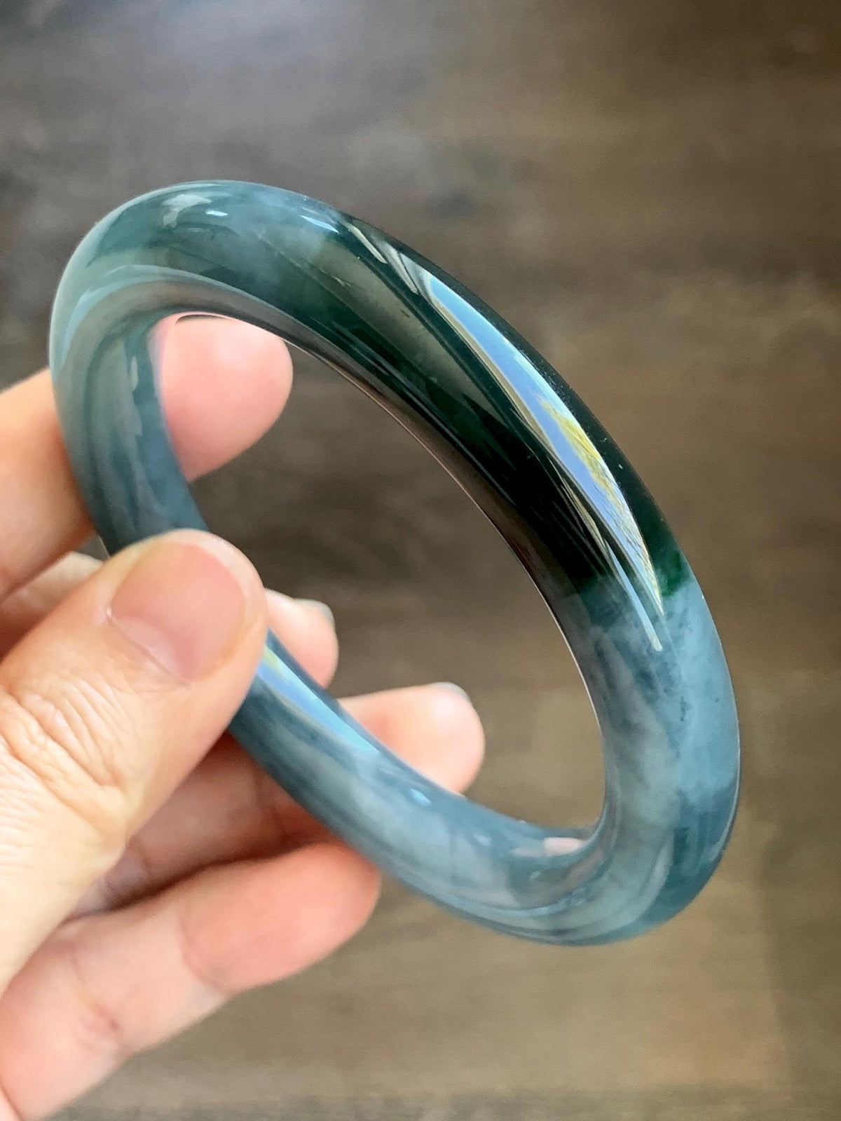 Certified Natural Grade A Guatemalan Icy Translucent Dark Dusty Blue Jade Jadeite Wide Bangle Bracelet 57.06mm 7” 60g 天然冰危暗蓝翡翠粗圆条手镯 947