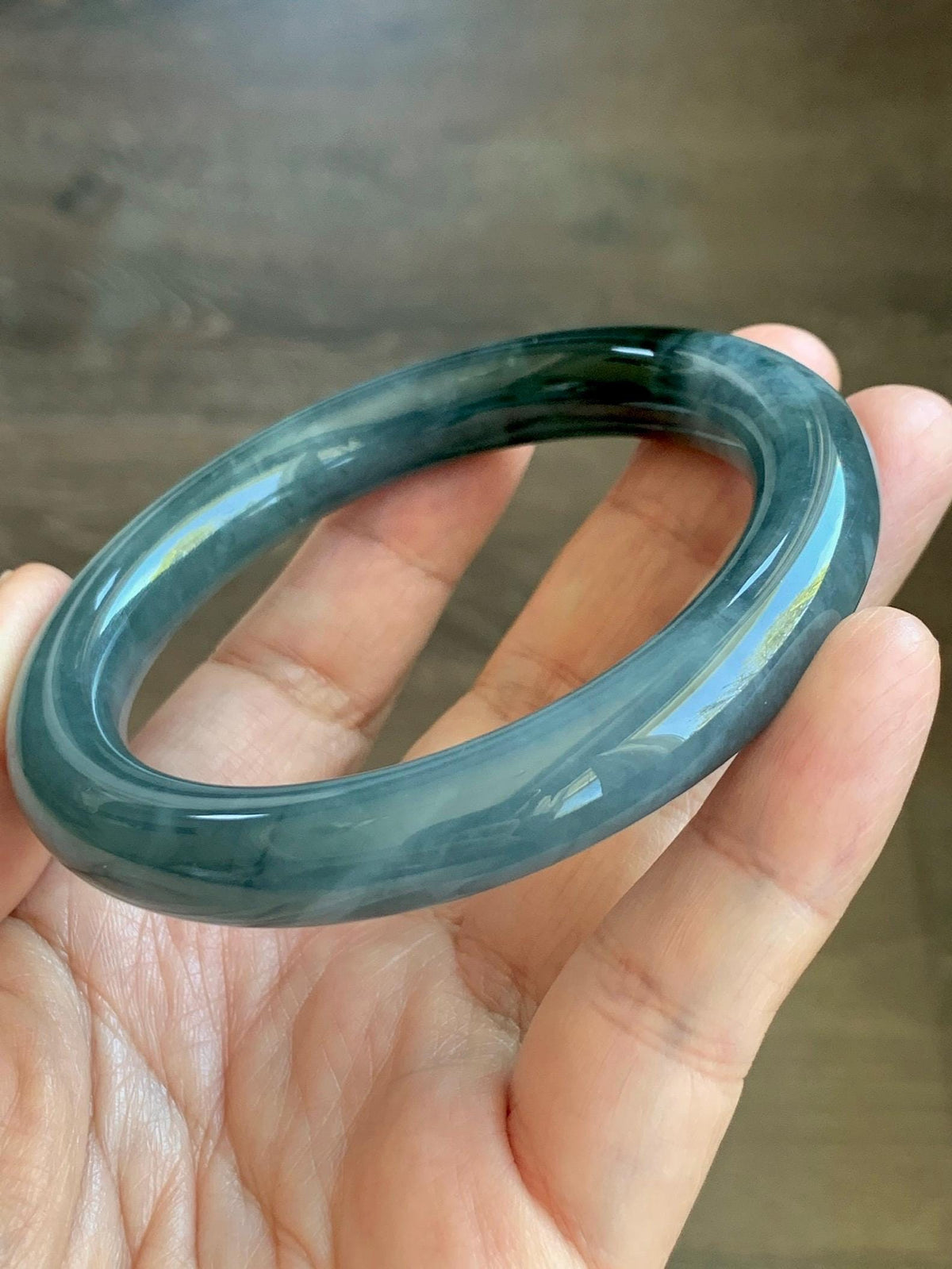 Certified Natural Grade A Guatemalan Icy Translucent Dark Dusty Blue Jade Jadeite Wide Bangle Bracelet 57.06mm 7” 60g 天然冰危暗蓝翡翠粗圆条手镯 947